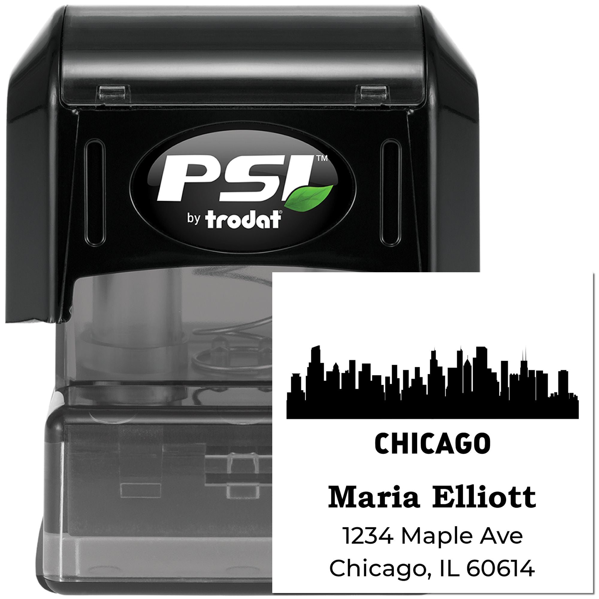 PSI by Trodat self-inking custom address stamp with Chicago skyline and name imprint for rubber stamping