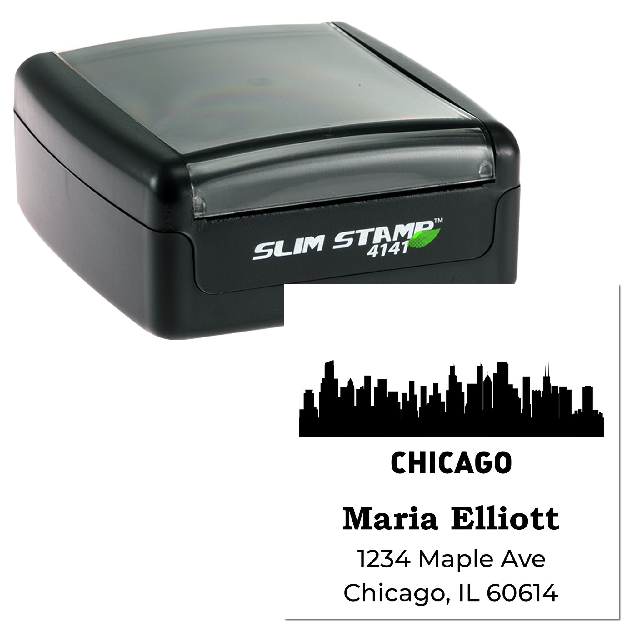Custom self-inking return address rubber stamp with Chicago skyline for Maria Elliott, Chicago IL.