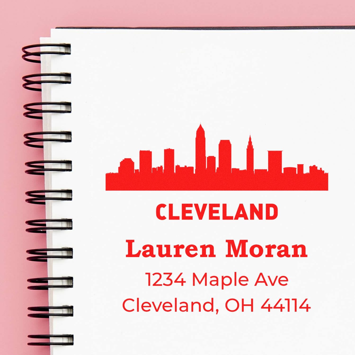Custom Cleveland return address rubber stamp with skyline, featuring Lauren Moran and Cleveland, OH 44114.