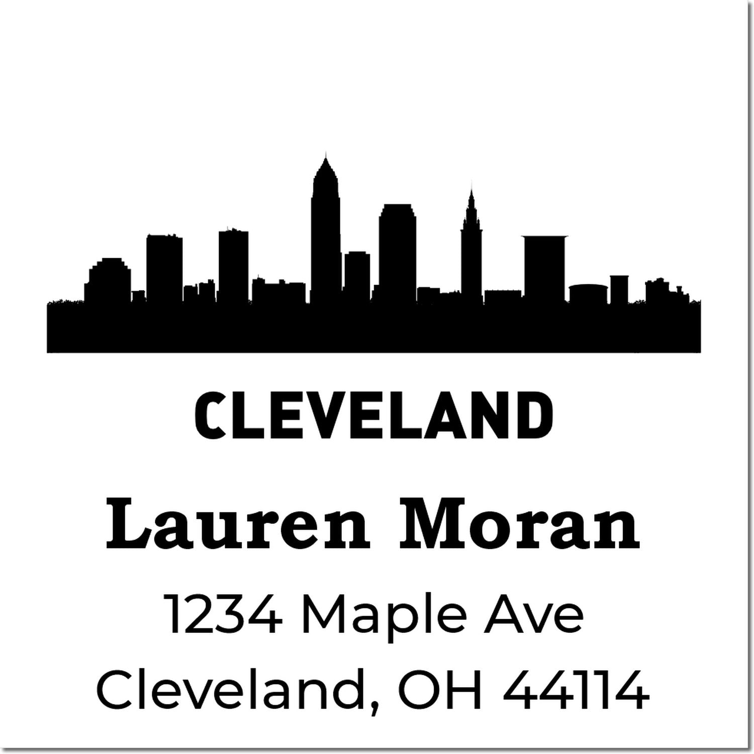 Custom Cleveland skyline personalized address stamp for Lauren Moran, 1234 Maple Ave, Cleveland, OH 44114.