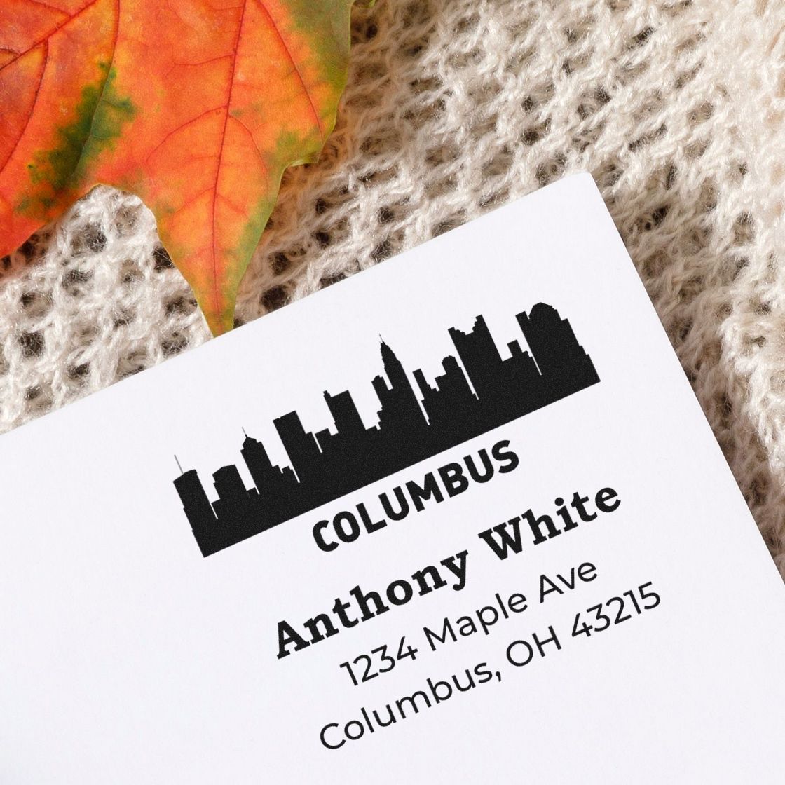 Custom Columbus return address rubber stamp with skyline, Anthony White, 1234 Maple Ave, Columbus, OH 43215.