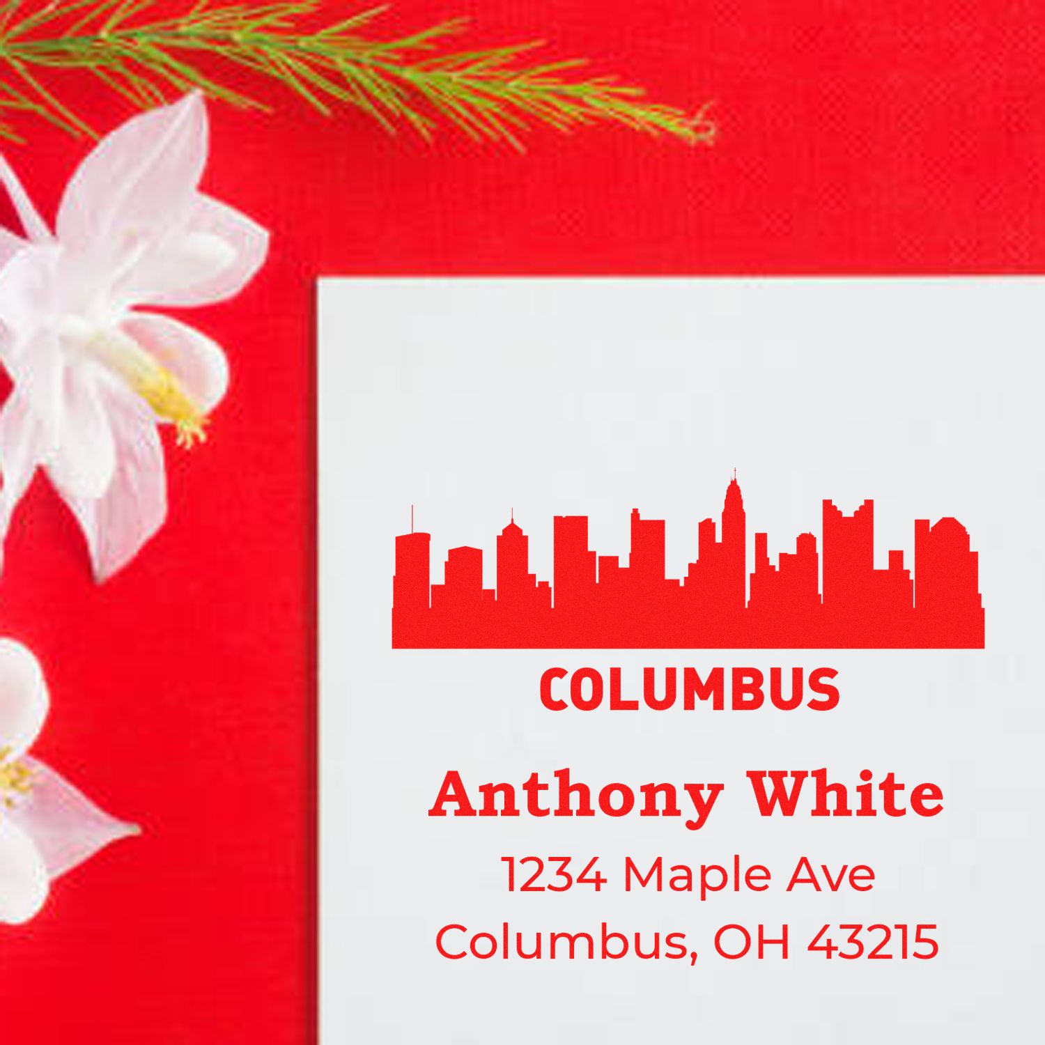 Custom Columbus address rubber stamp with skyline, personalized for Anthony White, 1234 Maple Ave, Columbus, OH 43215.