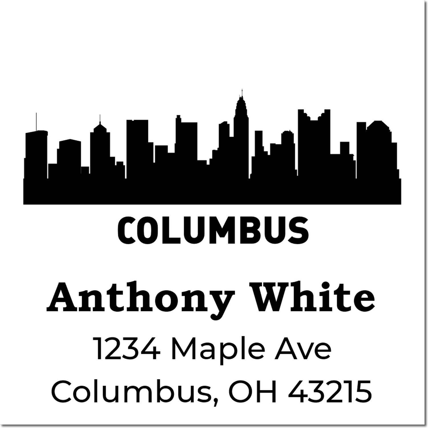 Custom Columbus skyline address rubber stamp for Anthony White, 1234 Maple Ave, Columbus, OH 43215.