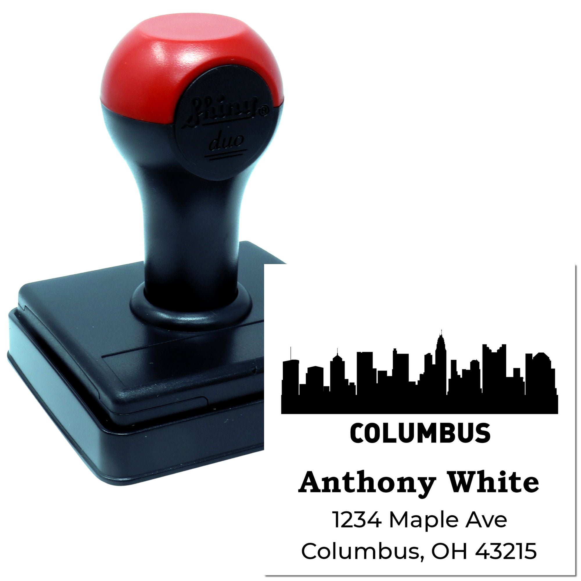 Custom self-inking return address rubber stamp with Columbus skyline, Anthony White, and Columbus, OH address.