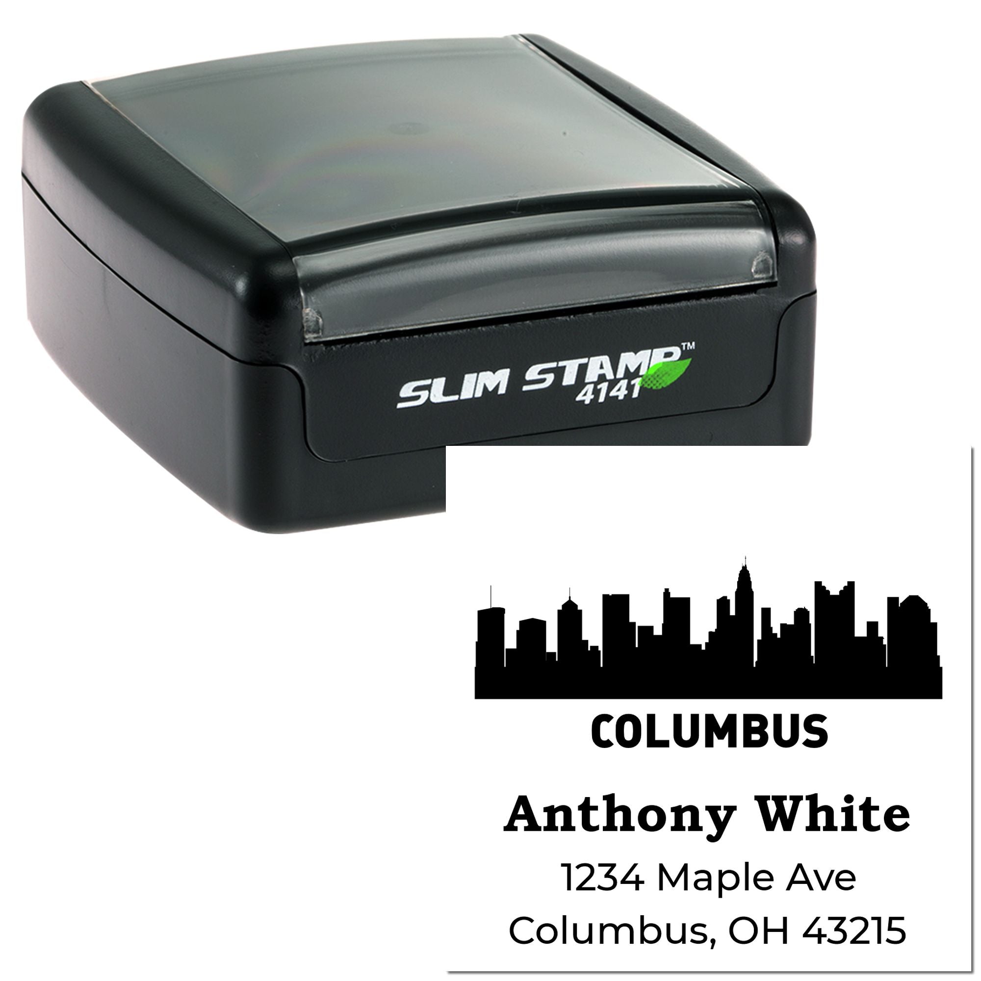 Custom self-inking address stamp with Columbus skyline design, showing Anthony White, 1234 Maple Ave, Columbus, OH 43215.