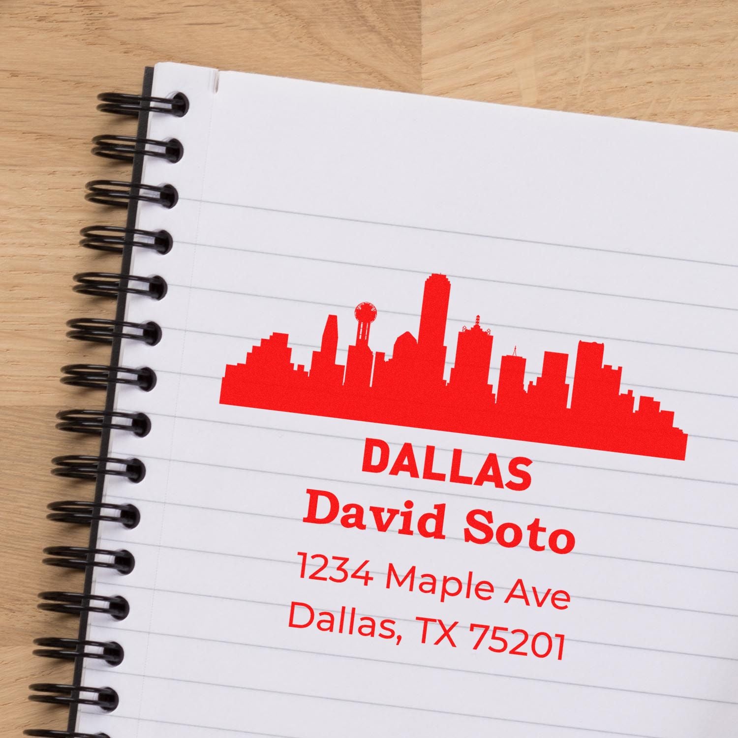 Custom rubber address stamp with Dallas skyline design for David Soto, 1234 Maple Ave, Dallas, TX 75201