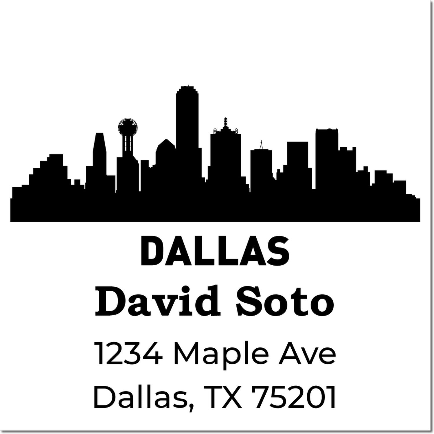 Custom Dallas skyline address rubber stamp with David Soto, 1234 Maple Ave, Dallas, TX 75201 for return mail.
