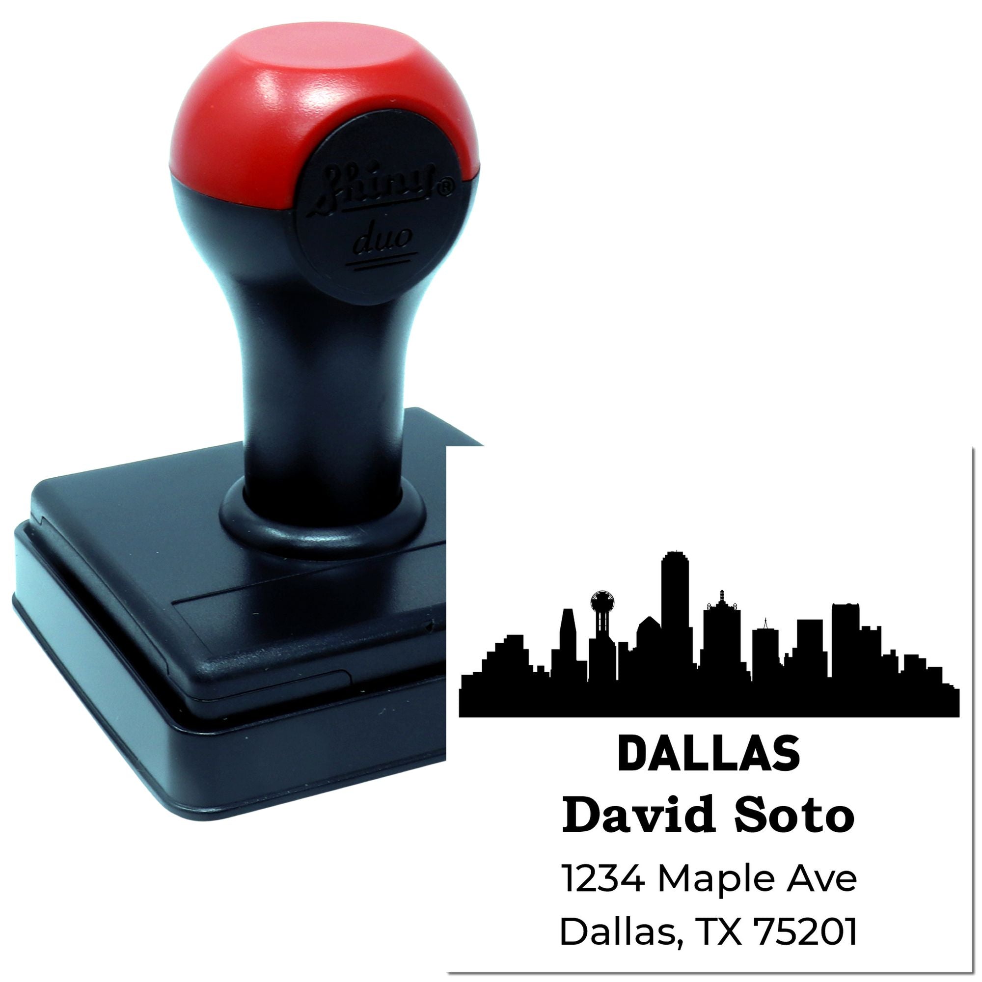 Custom self-inking rubber address stamp with Dallas skyline imprint for personalized mailing and business use