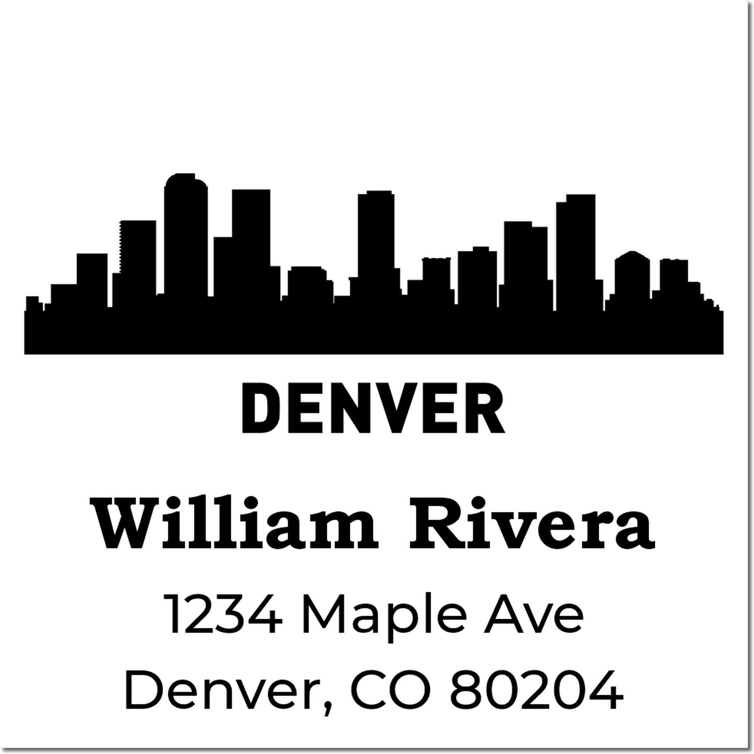 Custom Denver return address rubber stamp with skyline, William Rivera, 1234 Maple Ave, Denver, CO 80204.