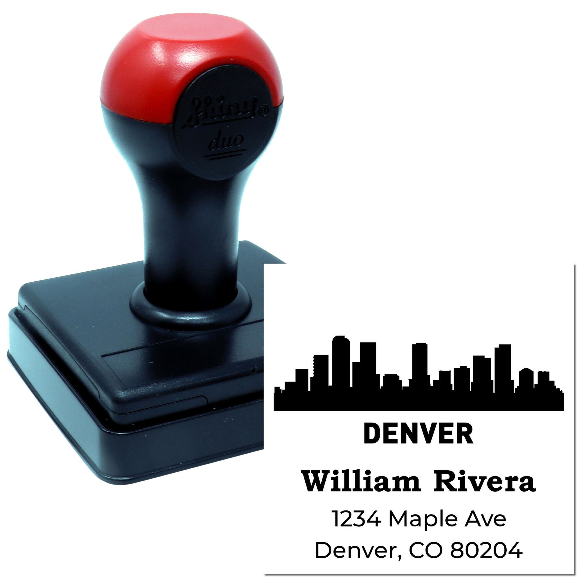 Custom self-inking rubber stamp with Denver skyline, name, and address imprint for personalized business mailing.