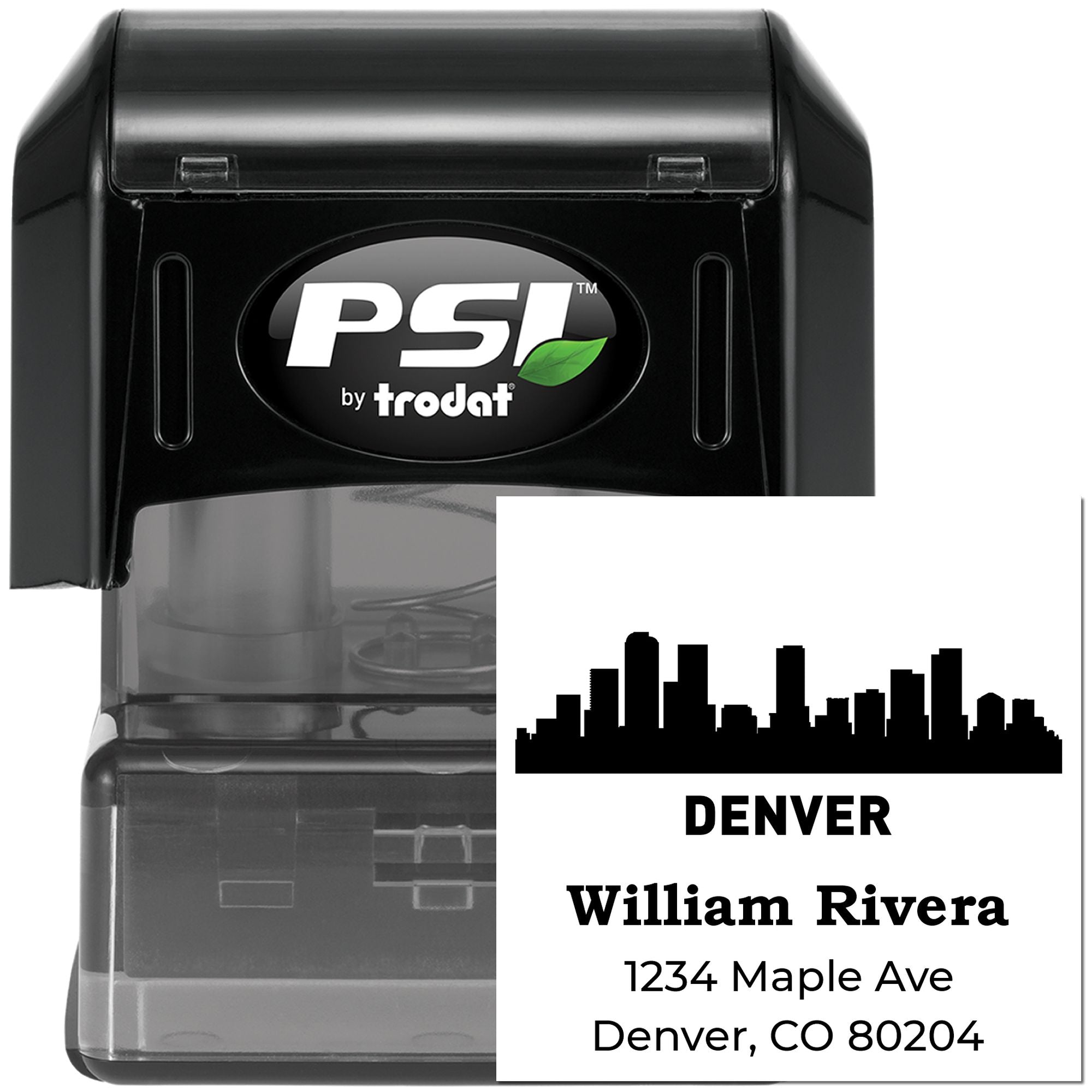 PSI by Trodat custom self-inking rubber stamp with Denver skyline, name, and address for personalized mailing.