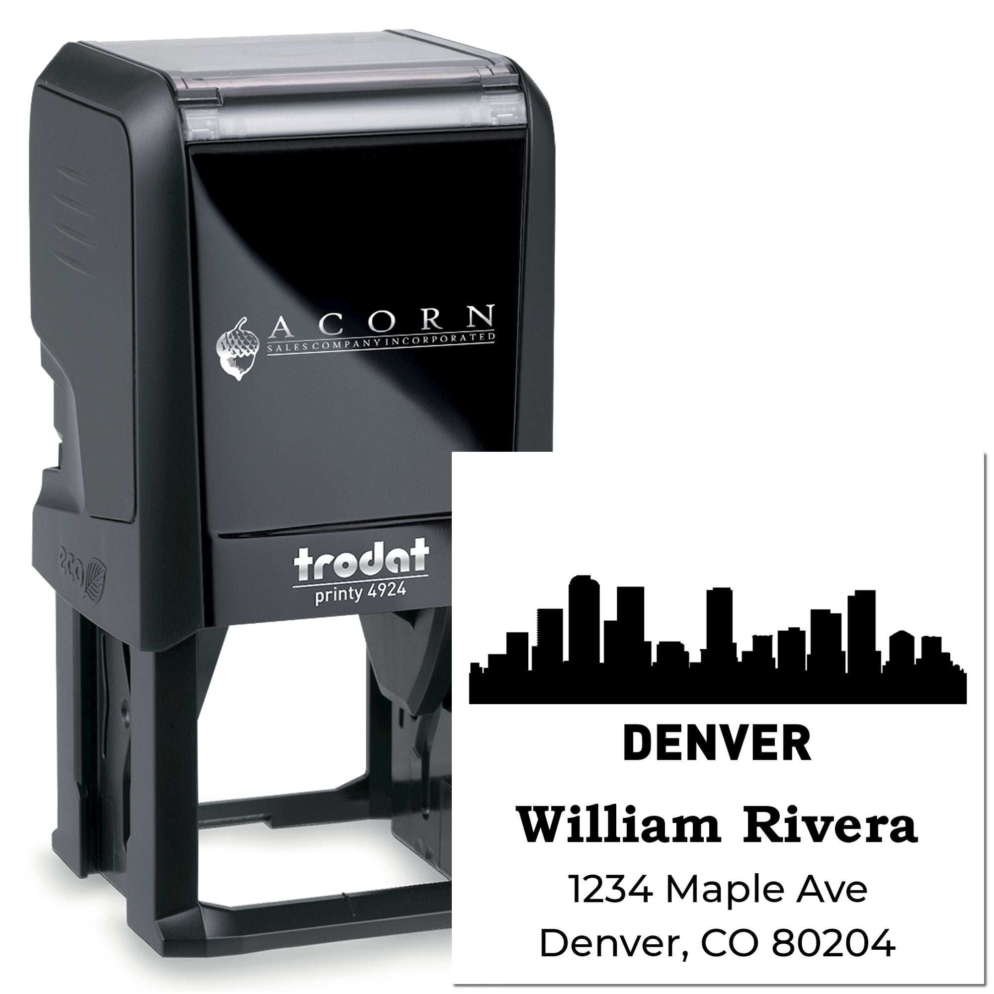 Custom self-inking Denver address rubber stamp with skyline, name, and mailing address, Trodat Printy 4924 for business use