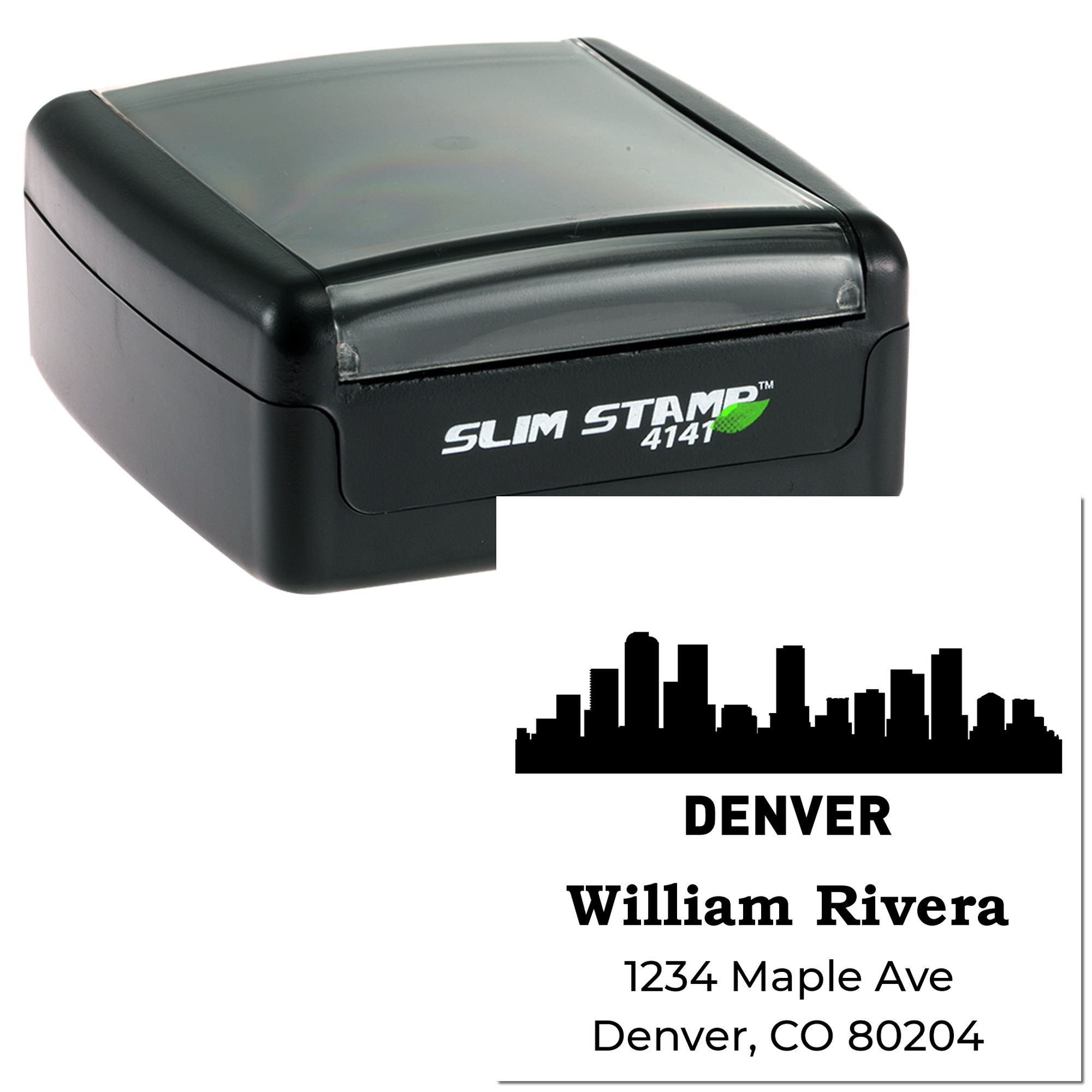 Slim self-inking custom address rubber stamp with Denver skyline, William Rivera, and Denver, CO 80204 imprint.