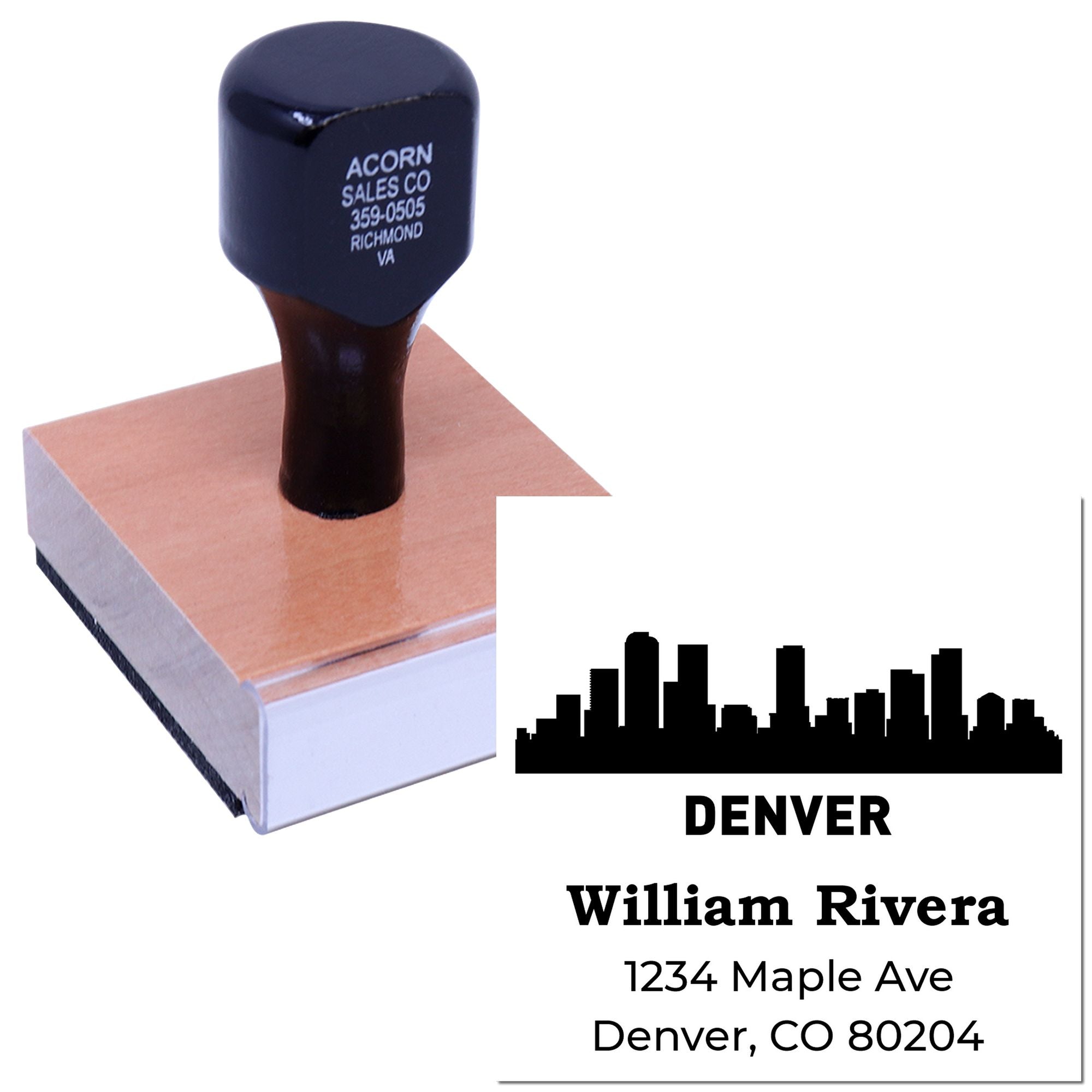 Custom Denver skyline return address rubber stamp with William Rivera and 1234 Maple Ave, Denver, CO 80204.
