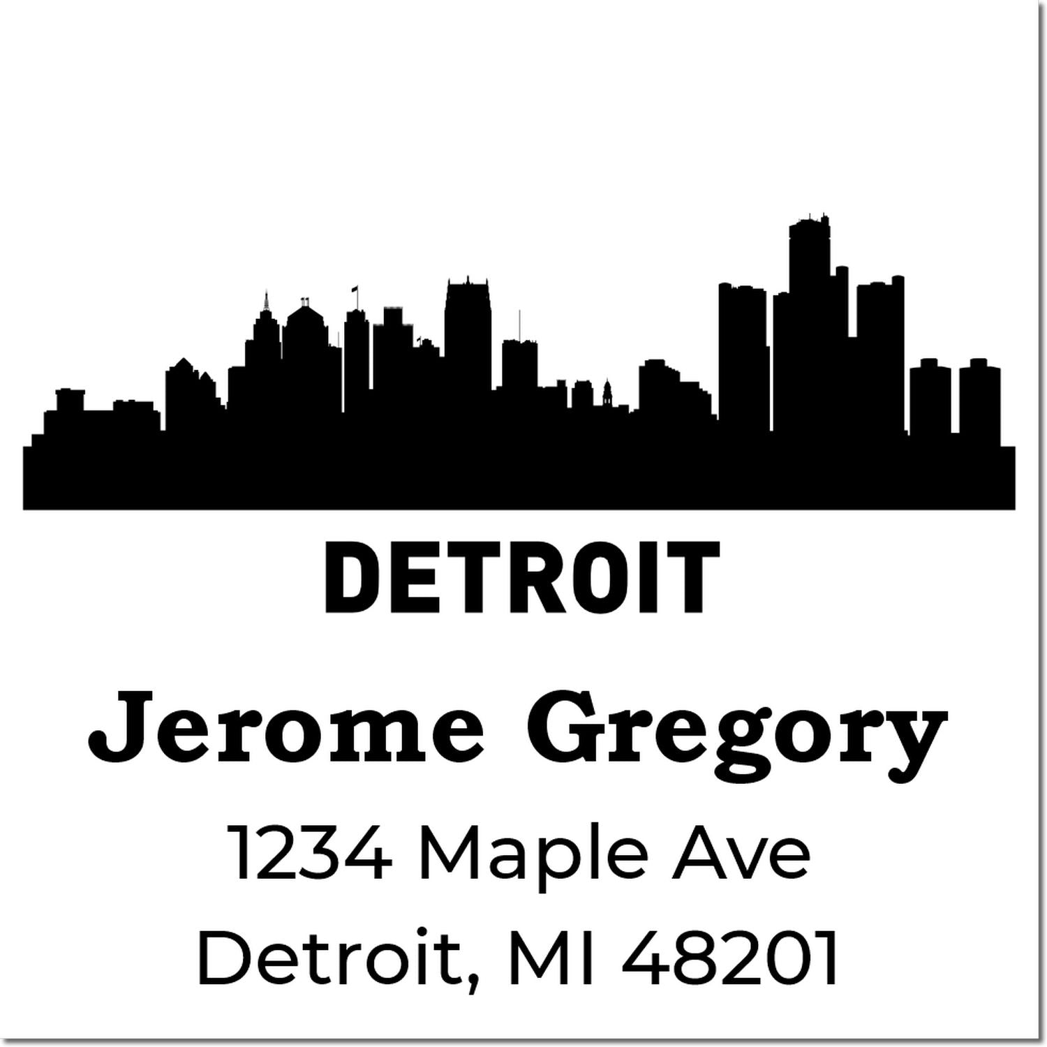 Personalized Detroit skyline address rubber stamp for Jerome Gregory, 1234 Maple Ave, Detroit, MI 48201