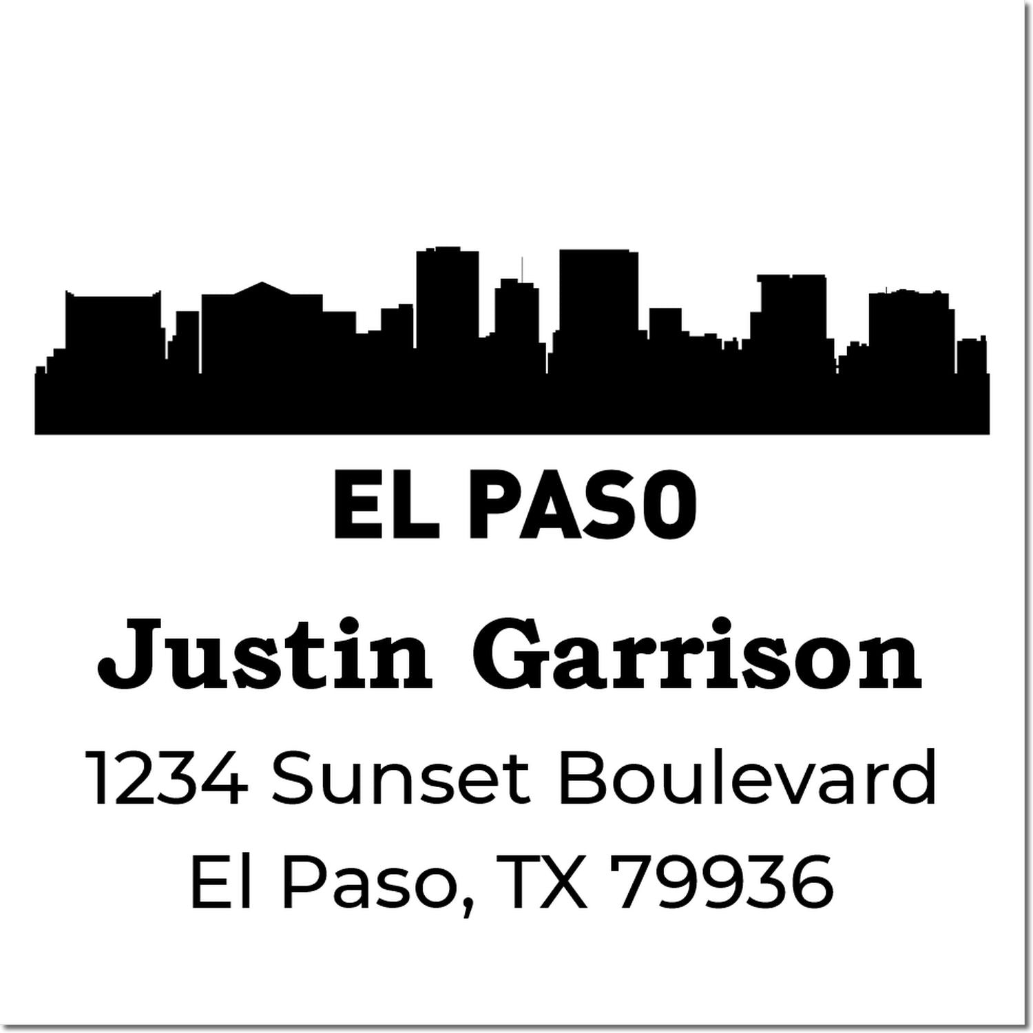 Custom return address rubber stamp with El Paso skyline for Justin Garrison, 1234 Sunset Boulevard, El Paso, TX 79936.