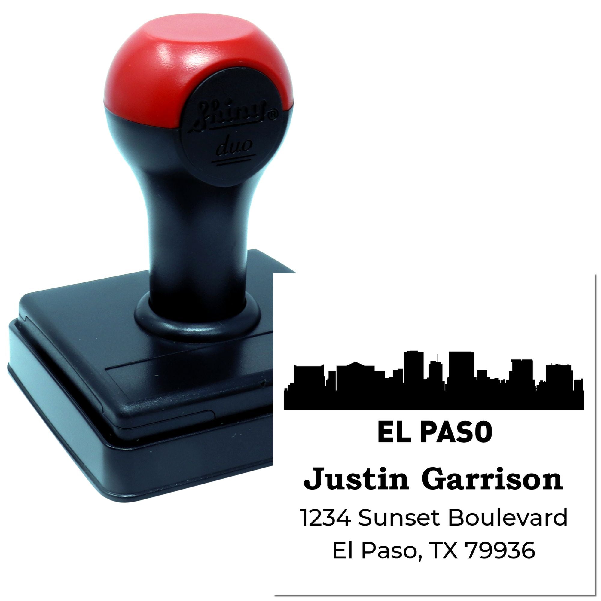 Custom self-inking rubber address stamp with El Paso skyline, name, and return address for mailing.