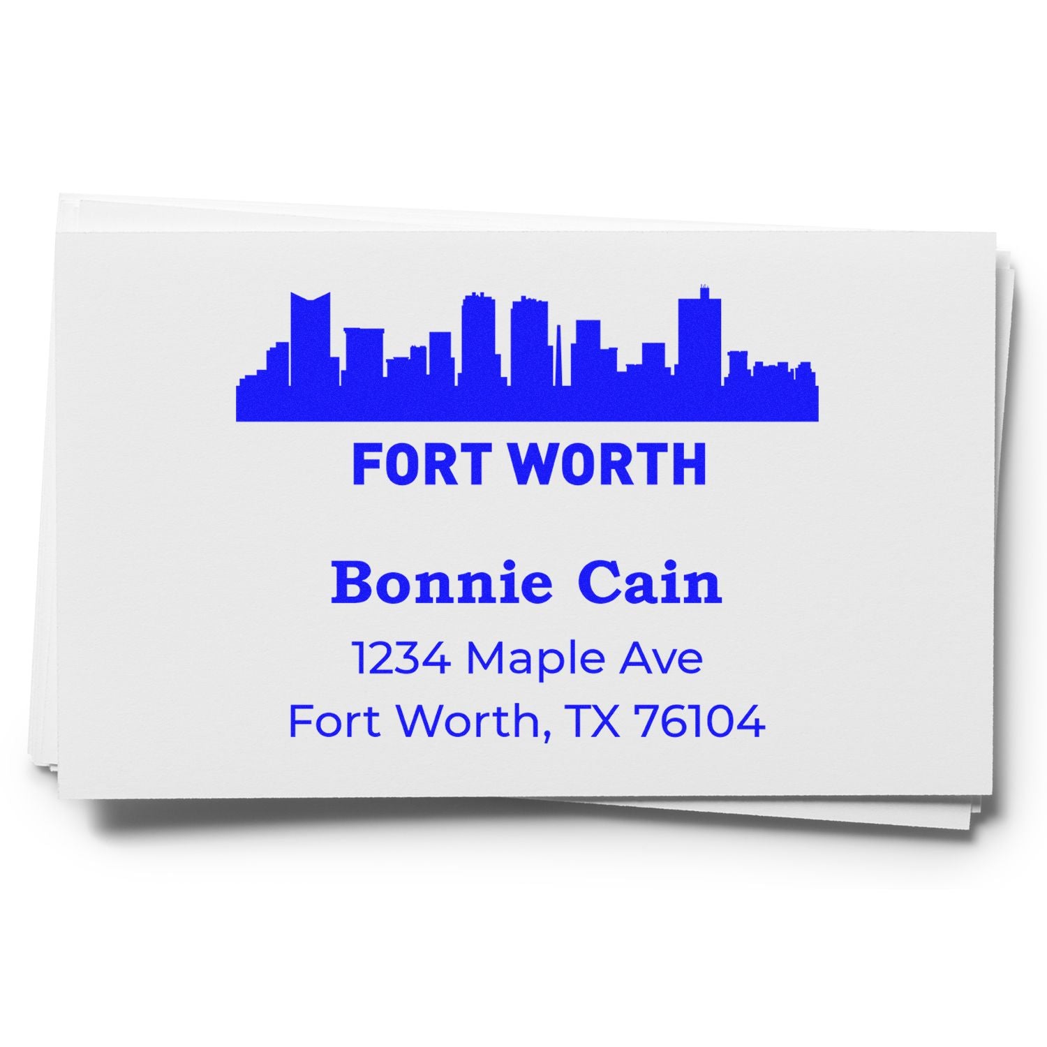 Custom Fort Worth address rubber stamp with skyline, Bonnie Cain, and mailing address for personalized mail and business use.