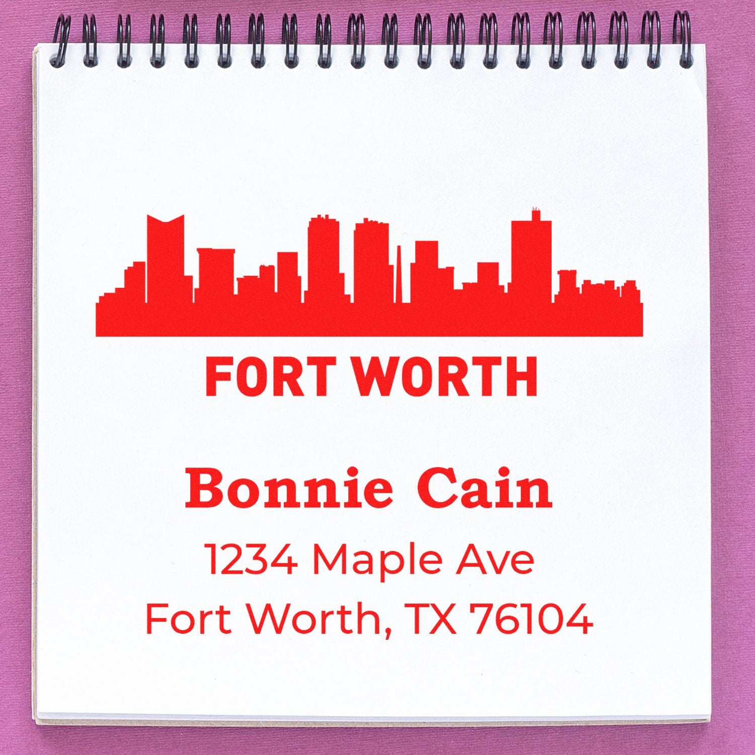 Custom Fort Worth return address rubber stamp with skyline, Bonnie Cain, 1234 Maple Ave, Fort Worth, TX 76104.