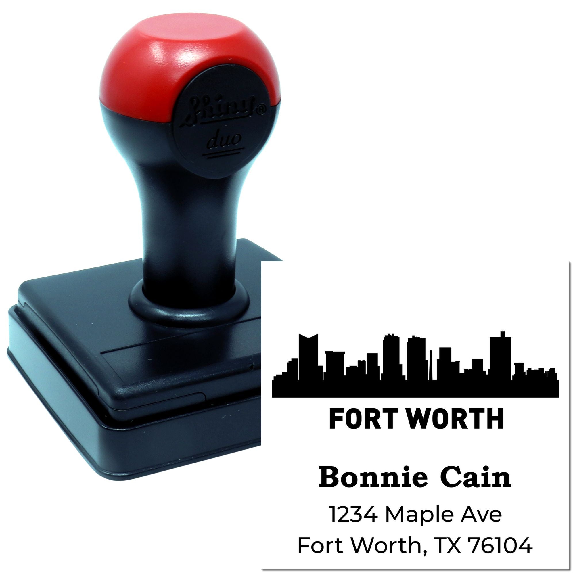 Custom self-inking rubber address stamp featuring Fort Worth skyline, Bonnie Cain, 1234 Maple Ave, Fort Worth, TX 76104