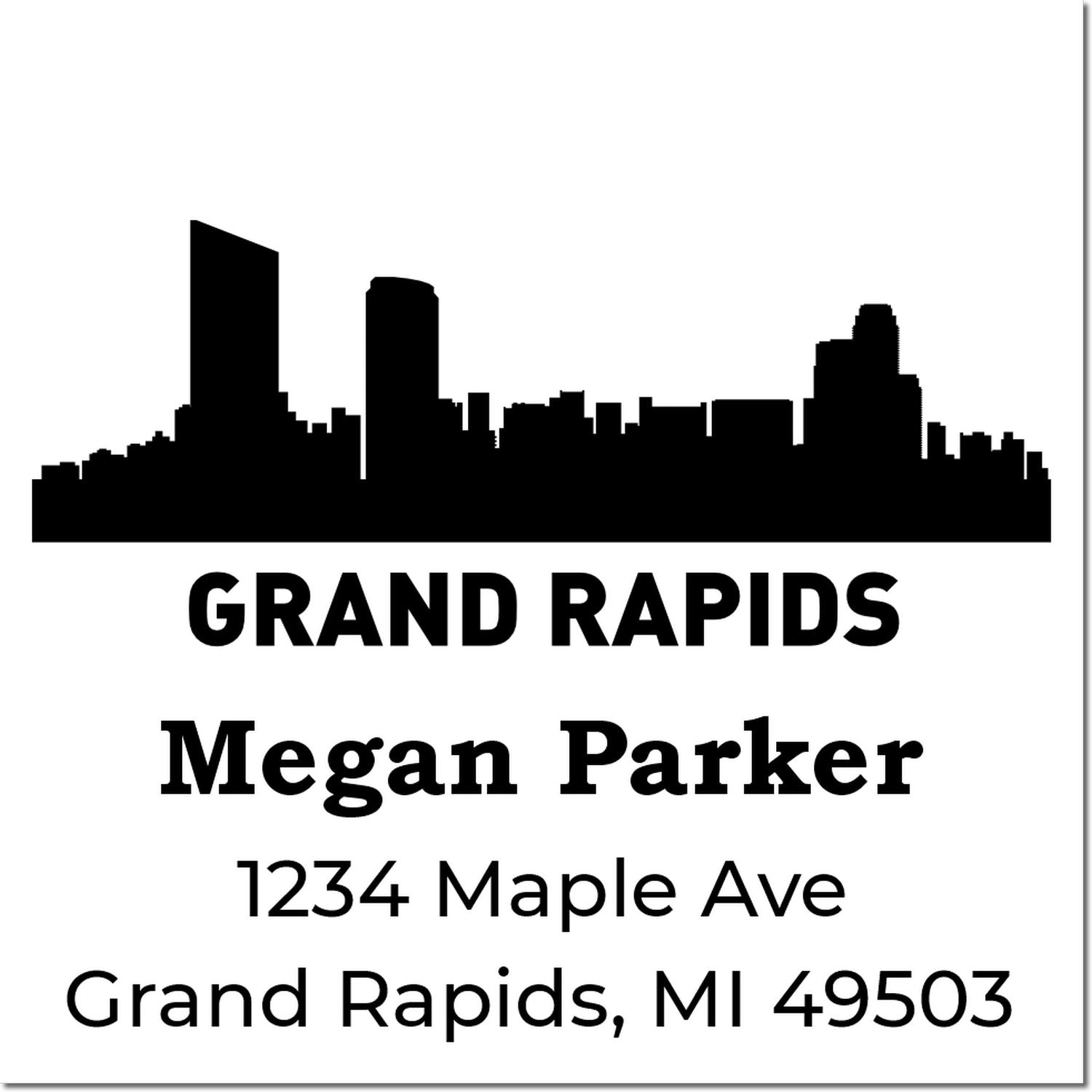 Custom Grand Rapids return address rubber stamp with skyline silhouette for Megan Parker, 1234 Maple Ave, Grand Rapids, MI 49503