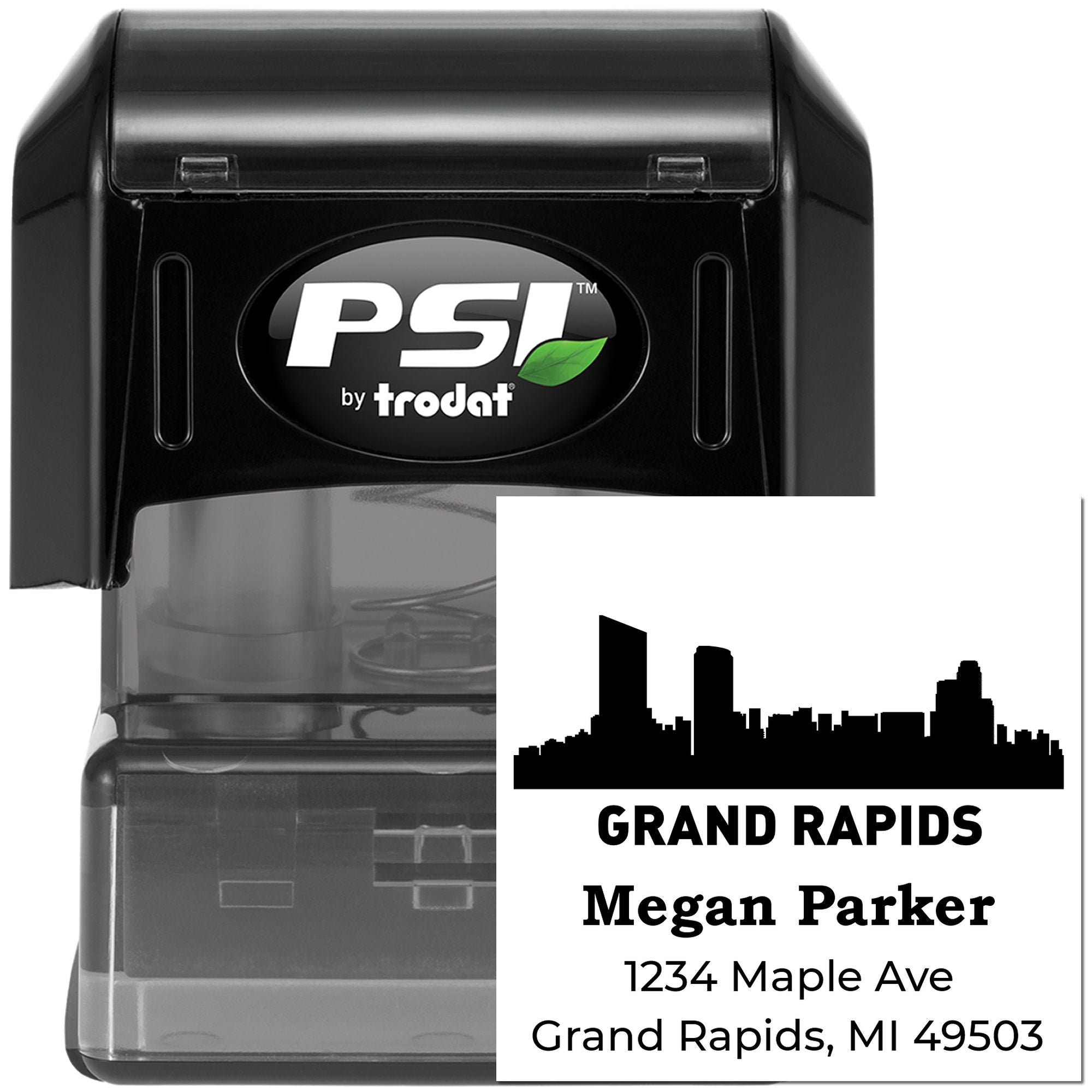 Custom self-inking rubber address stamp with Grand Rapids skyline, Megan Parker name, and return mailing address.