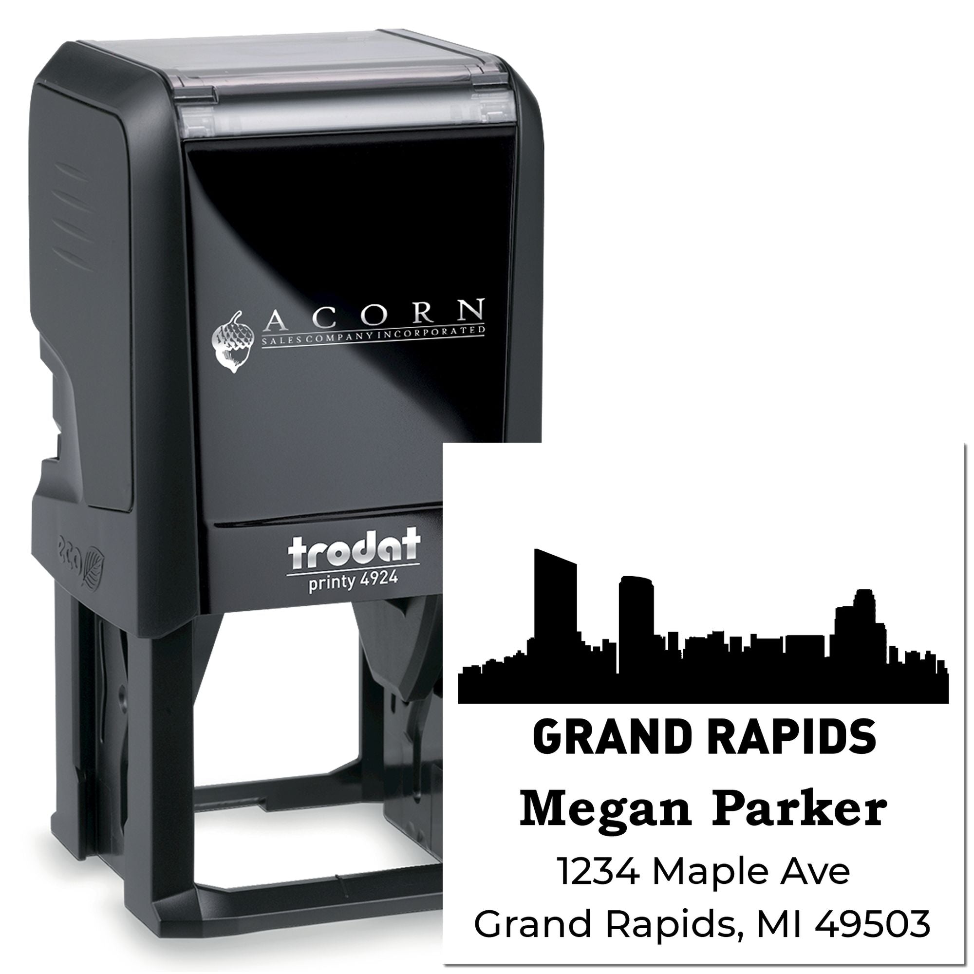 Trodat self-inking rubber stamp with custom Grand Rapids address for Megan Parker, perfect for business mailing and branding.