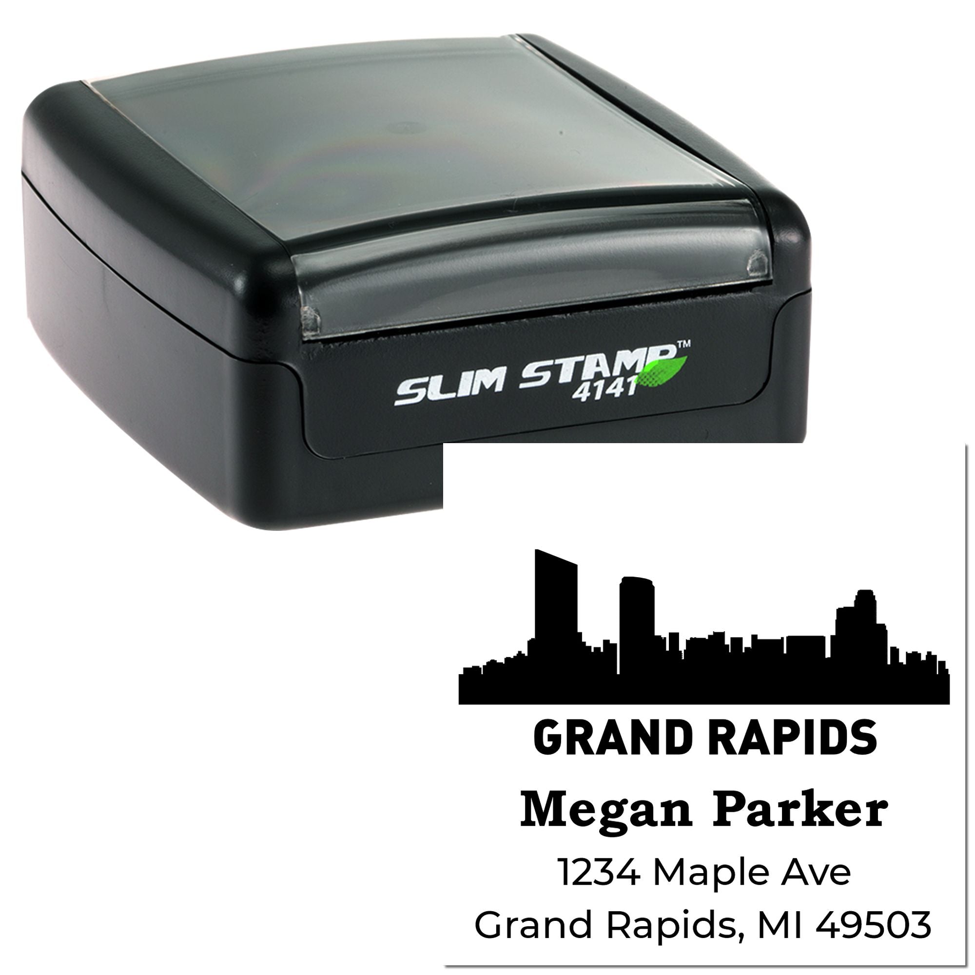 Custom self-inking rubber stamp with Grand Rapids return address for Megan Parker, 1234 Maple Ave, Grand Rapids, MI 49503.