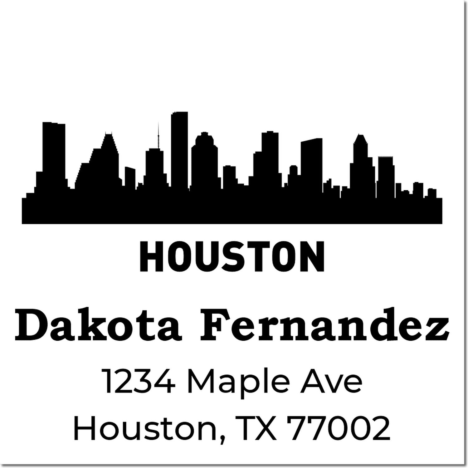 Custom Houston skyline return address rubber stamp for Dakota Fernandez, 1234 Maple Ave, Houston, TX 77002.