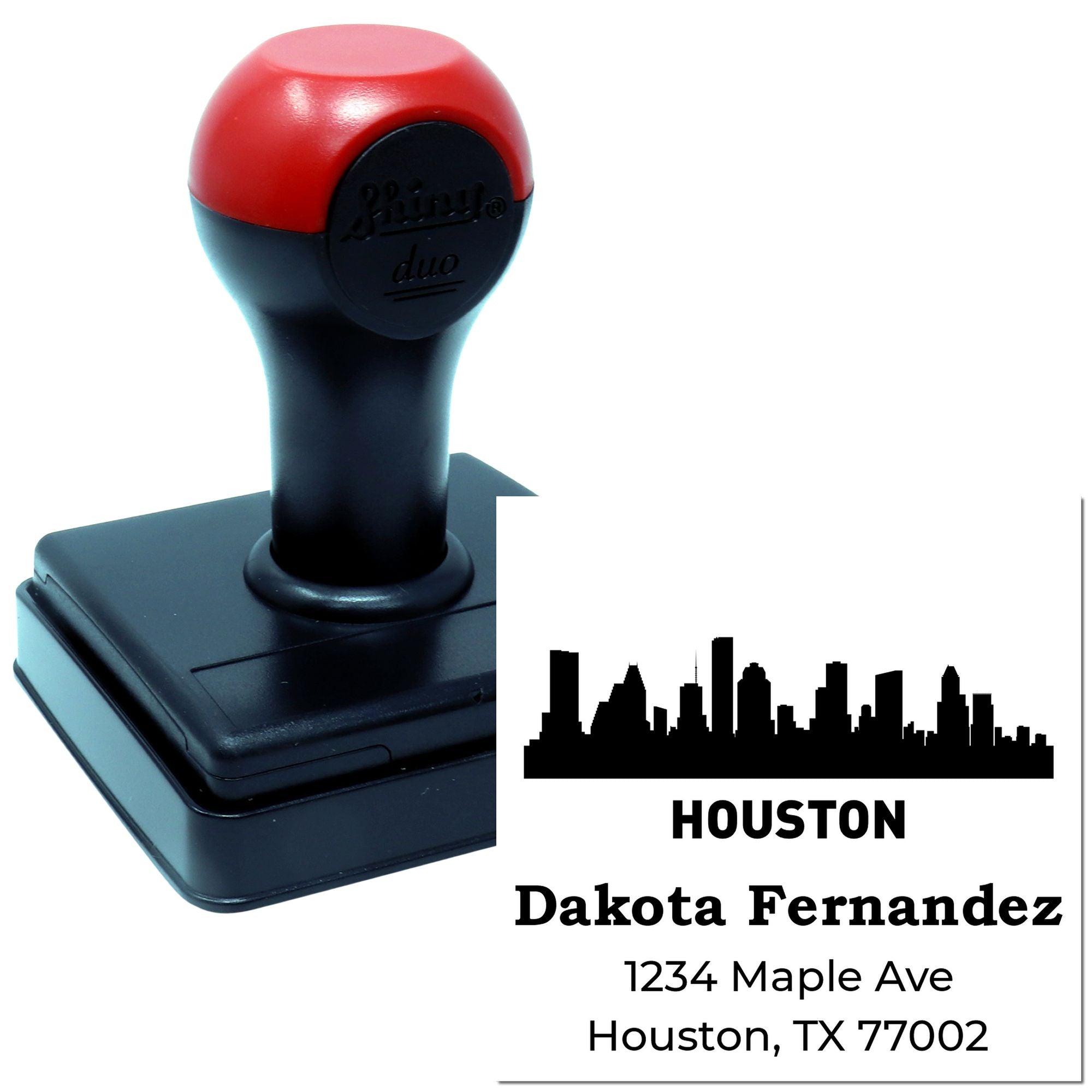 Custom self-inking rubber address stamp with Houston skyline, personalized with Dakota Fernandez and Houston, TX address.