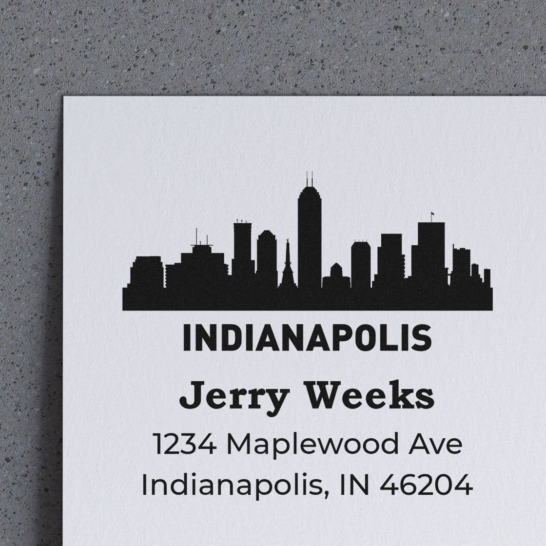 Custom Indianapolis address rubber stamp with skyline, Jerry Weeks, and 1234 Maplewood Ave, Indianapolis, IN 46204.