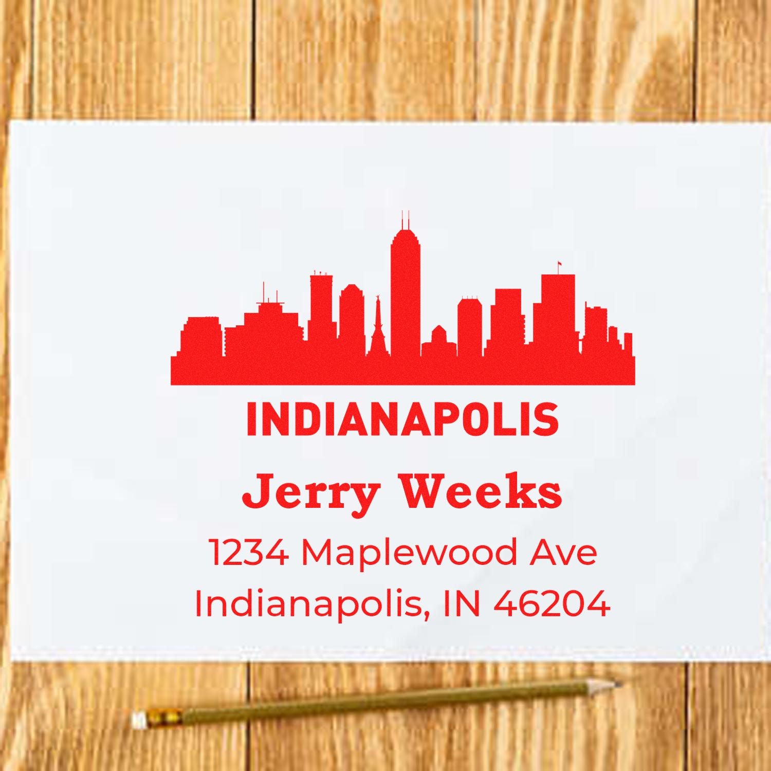 Custom Indianapolis address stamp with skyline design and personalized return address for Jerry Weeks, 1234 Maplewood Ave, IN 46204.