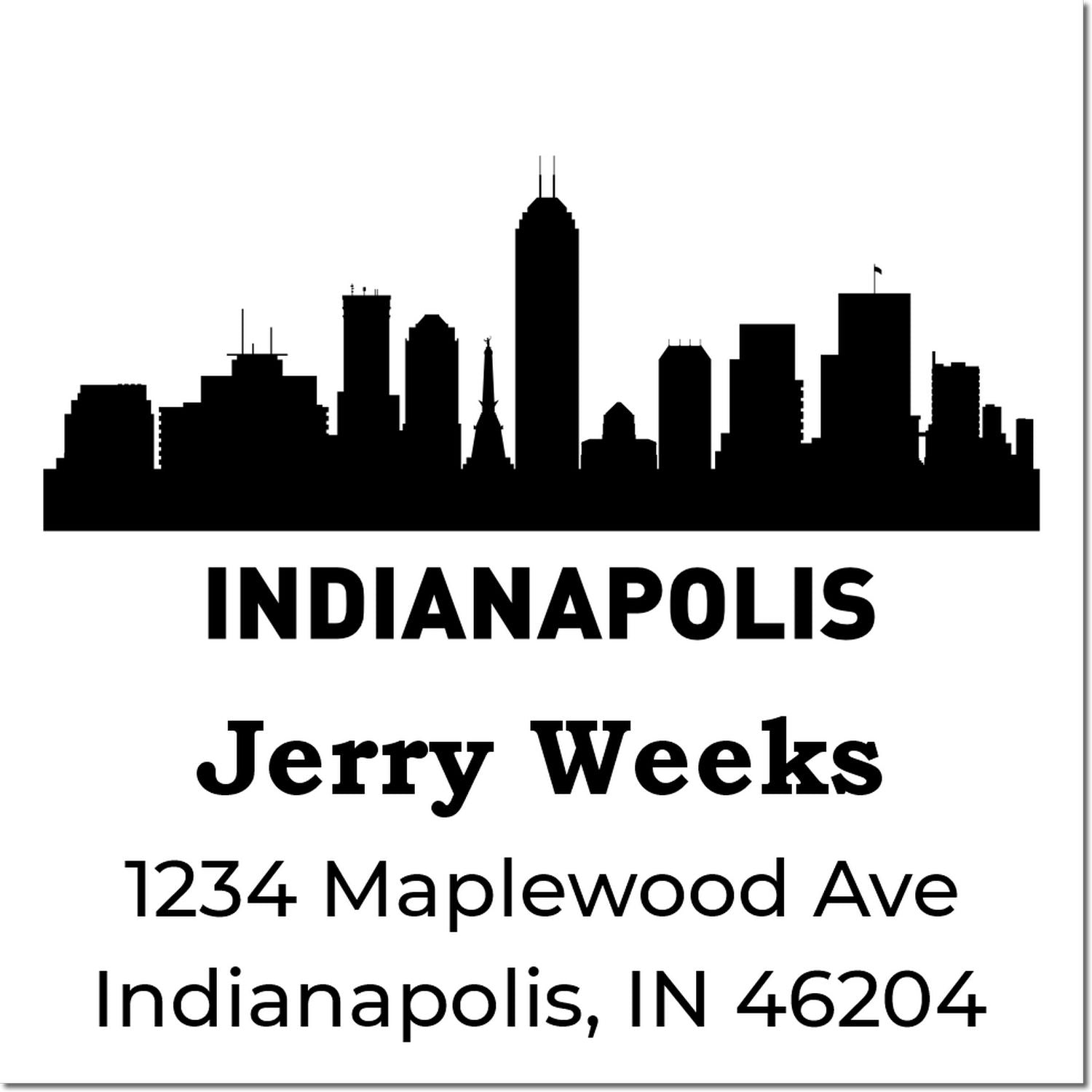 Custom Indianapolis skyline return address rubber stamp for Jerry Weeks, 1234 Maplewood Ave, Indianapolis, IN 46204