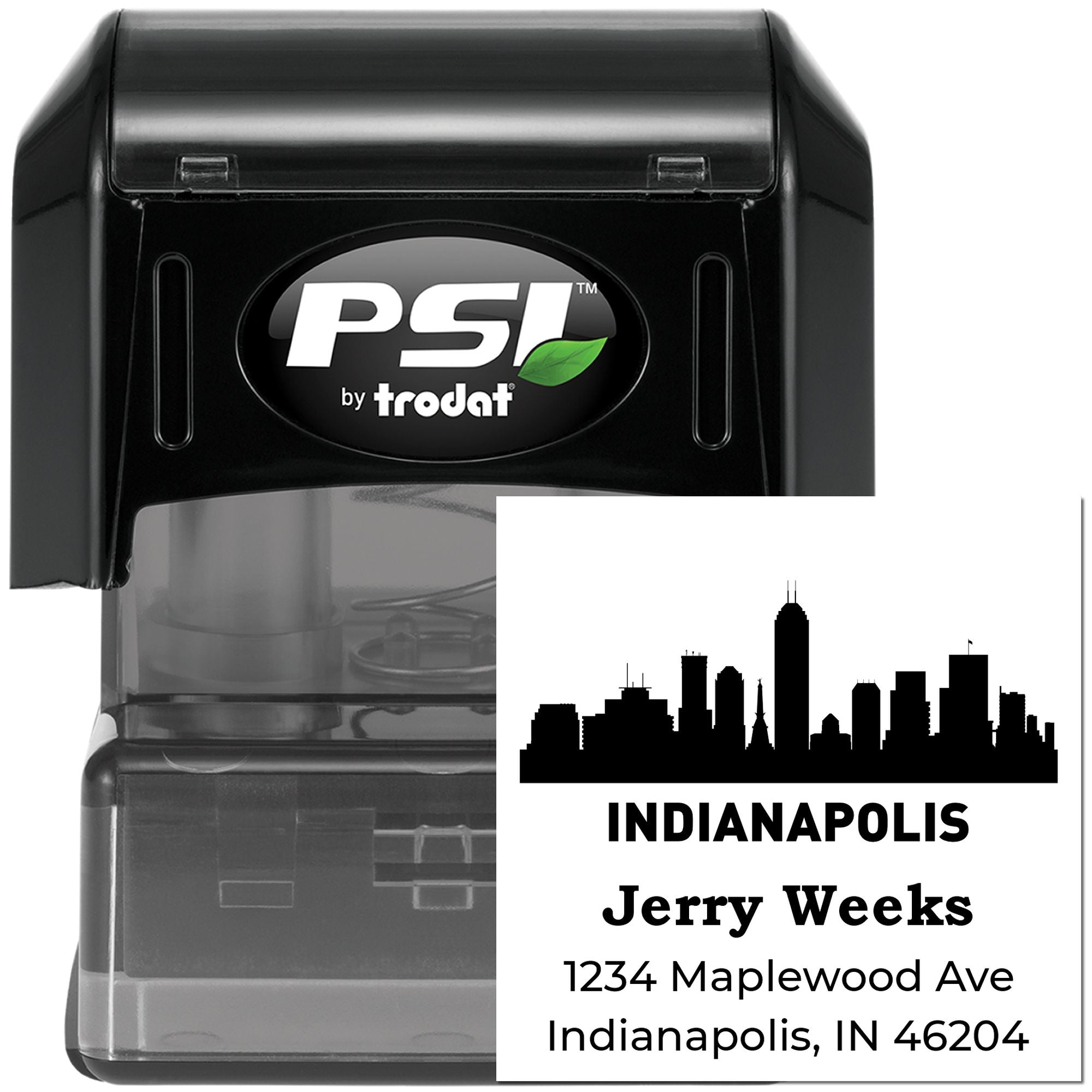 Custom self-inking address stamp by PSI Trodat with Indianapolis skyline, name, and address for personalized mailing and branding.