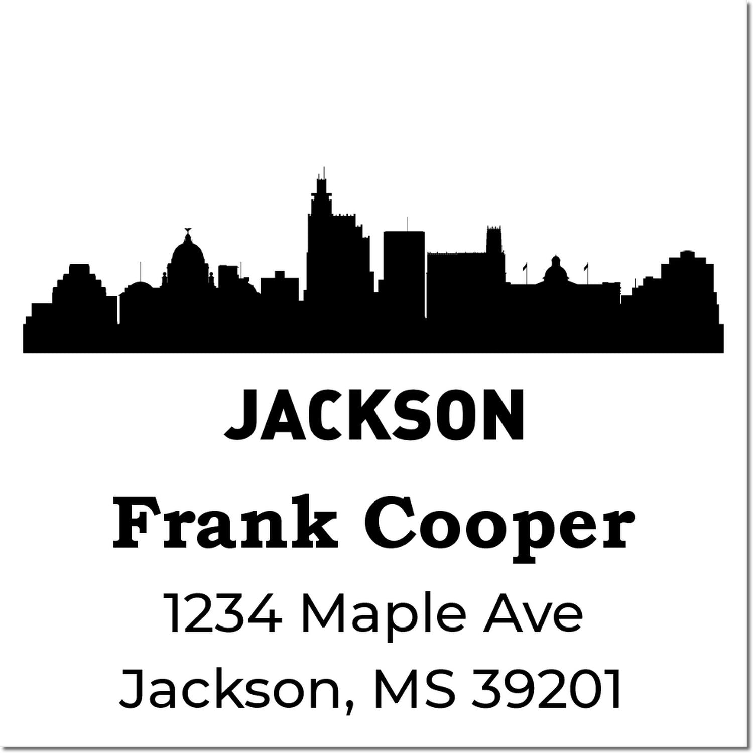 Personalized Jackson, MS address rubber stamp with skyline design for Frank Cooper, 1234 Maple Ave, Jackson 39201.