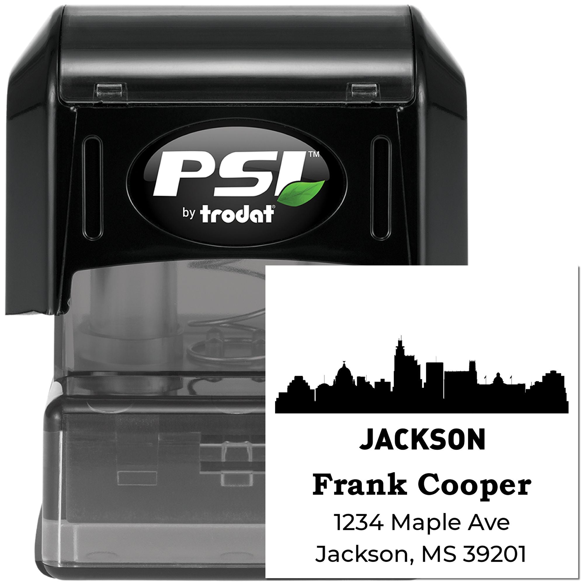 Personalized self-inking address stamp by PSI by Trodat with Jackson skyline, Frank Cooper name, and Jackson, MS address.