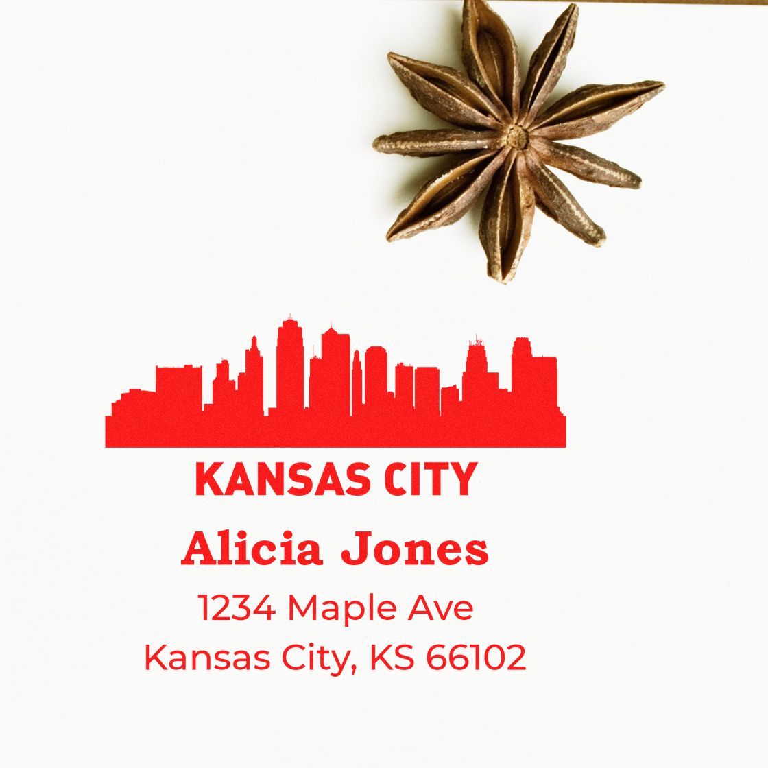 Personalized Kansas City return address rubber stamp with skyline for Alicia Jones.