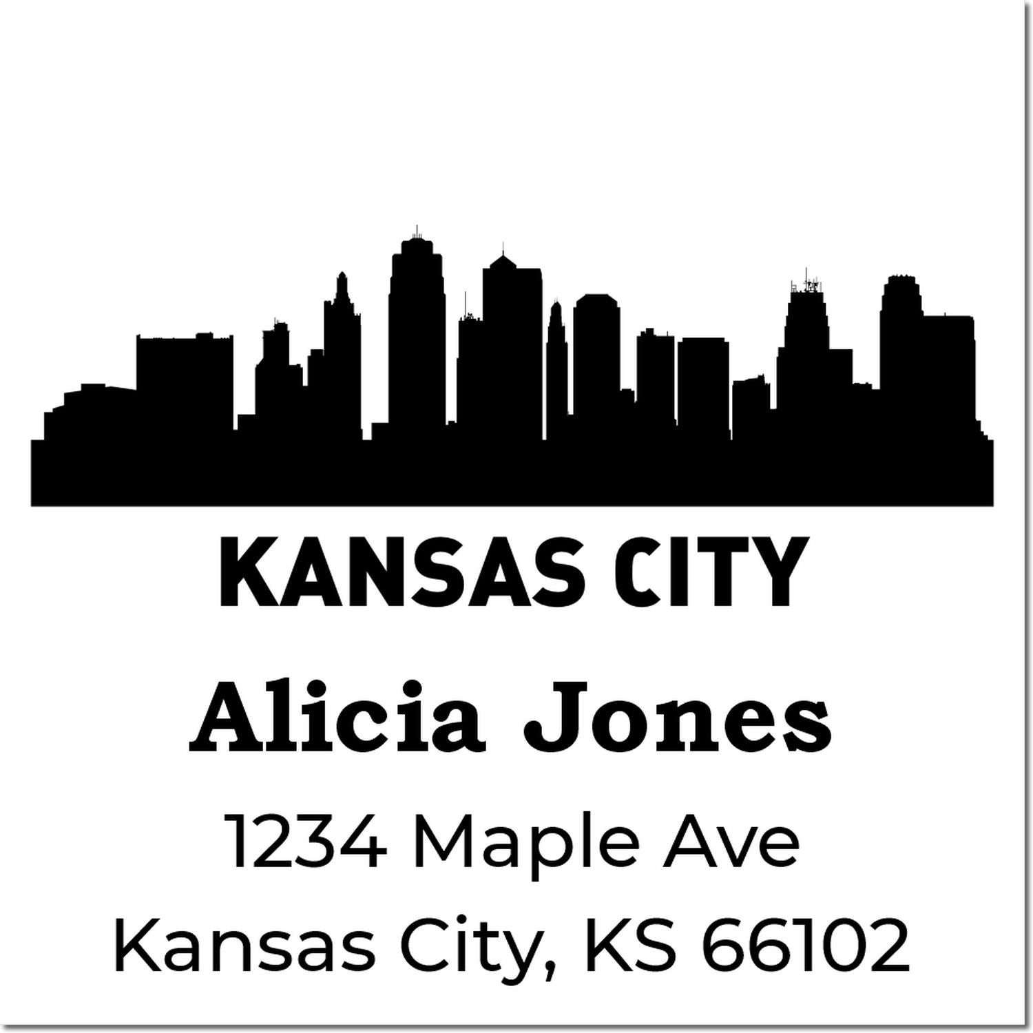Custom Kansas City address rubber stamp with skyline, Alicia Jones, 1234 Maple Ave, Kansas City, KS 66102