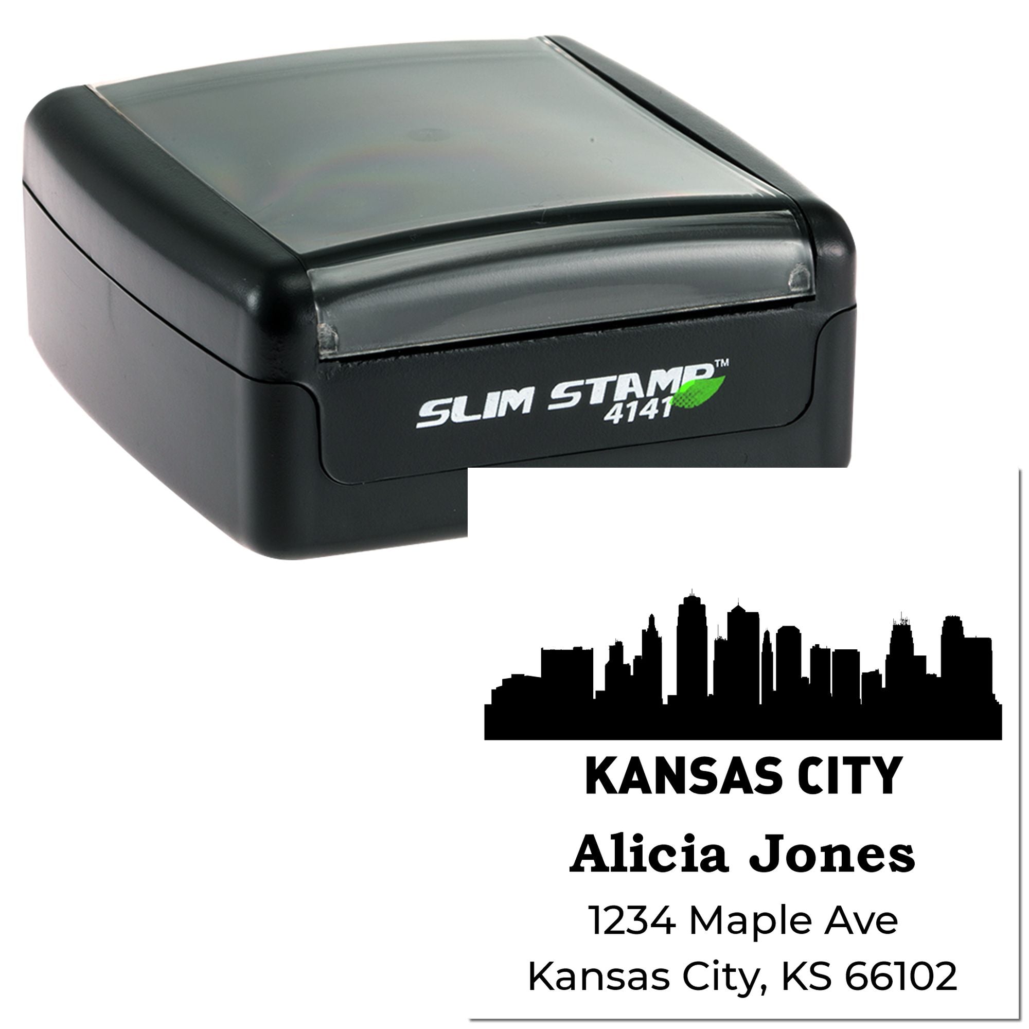 Custom self-inking return address rubber stamp with Kansas City skyline, Alicia Jones, 1234 Maple Ave, Kansas City, KS 66102