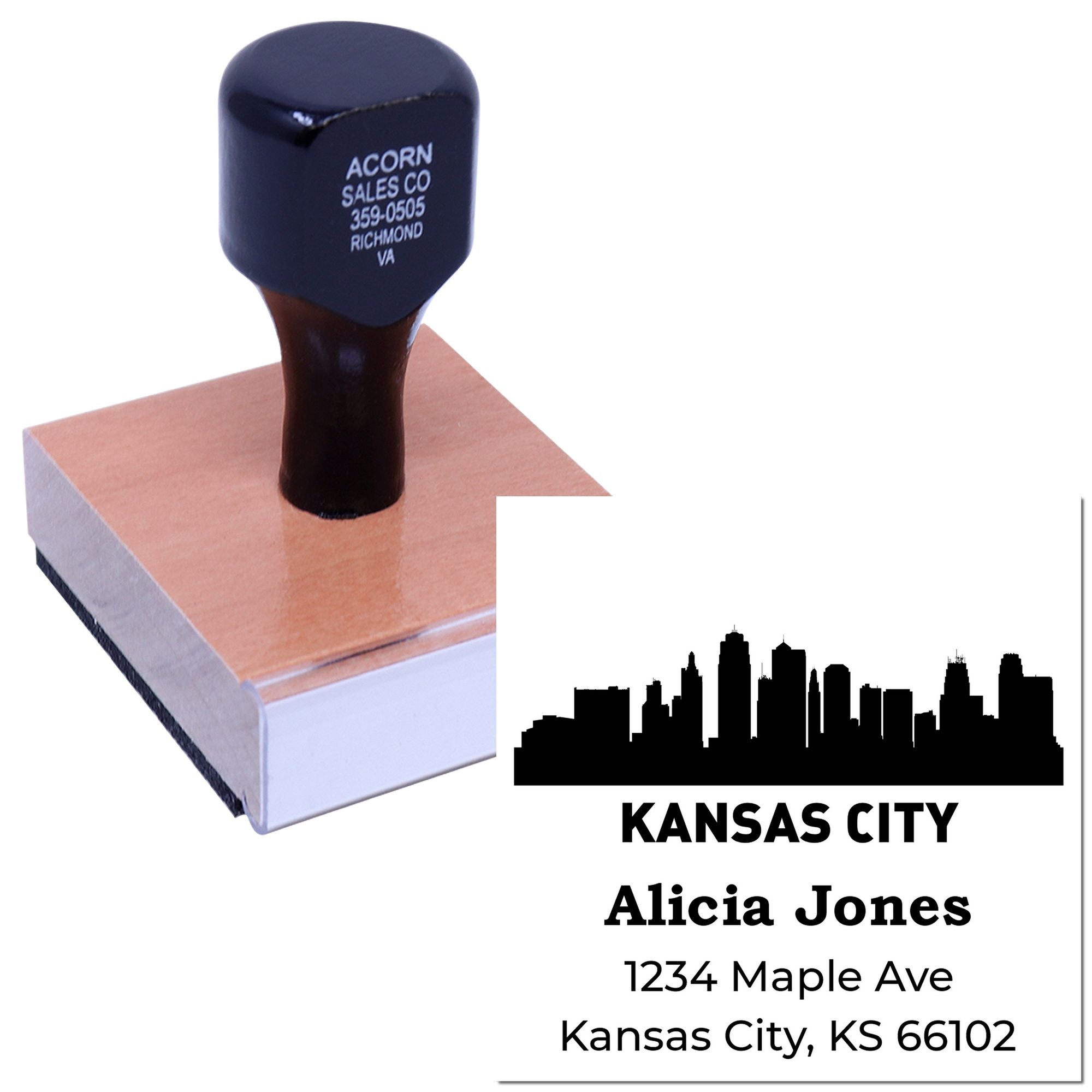 Custom Kansas City address rubber stamp with skyline design for Alicia Jones, 1234 Maple Ave, Kansas City, KS 66102.