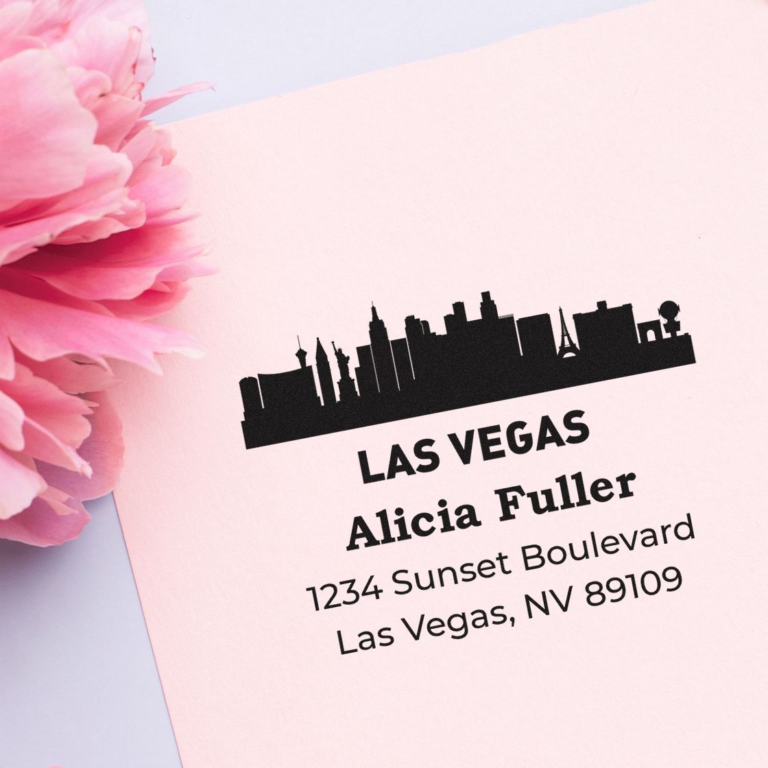 Custom Las Vegas return address rubber stamp with skyline design for personalized envelopes and stationery.