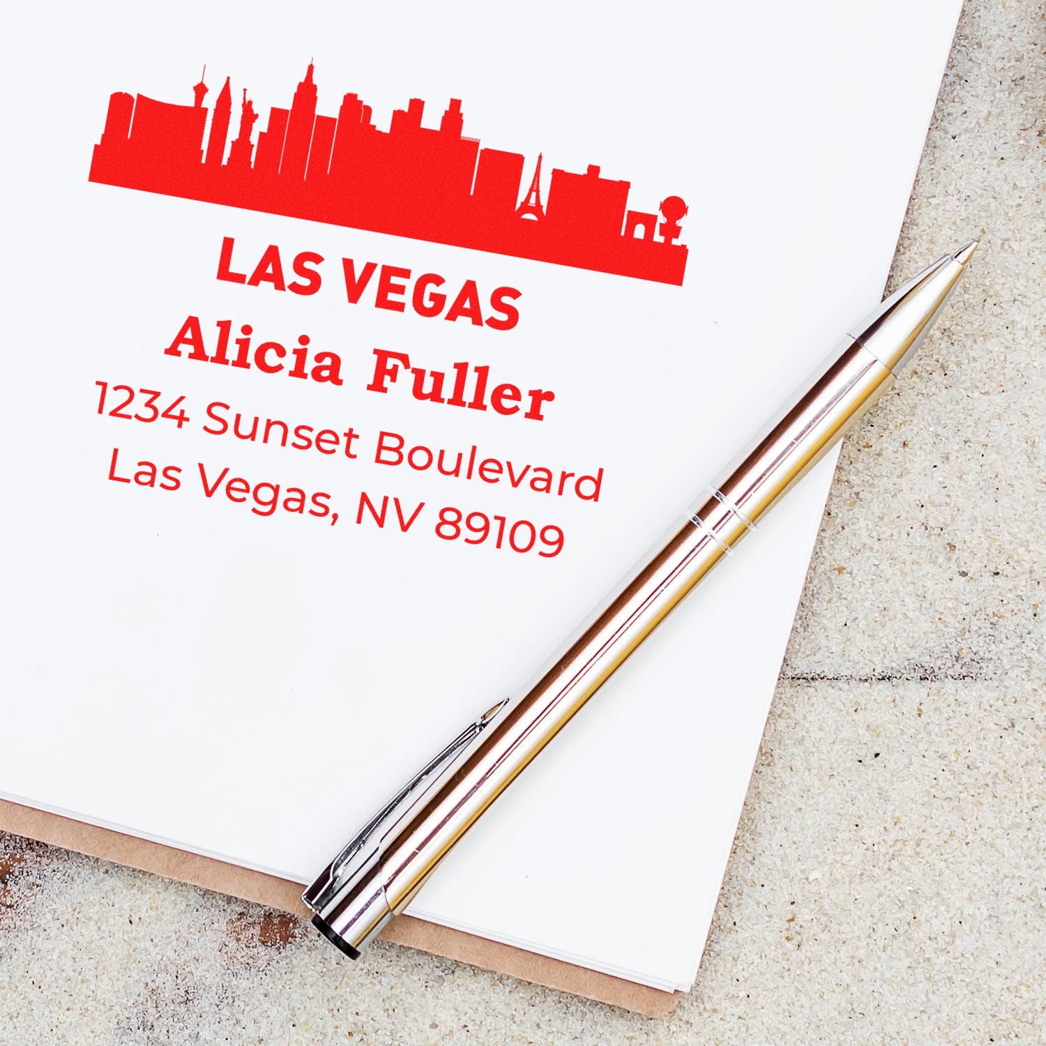 Custom Las Vegas skyline address rubber stamp with name and mailing address for personalized stationery and envelopes