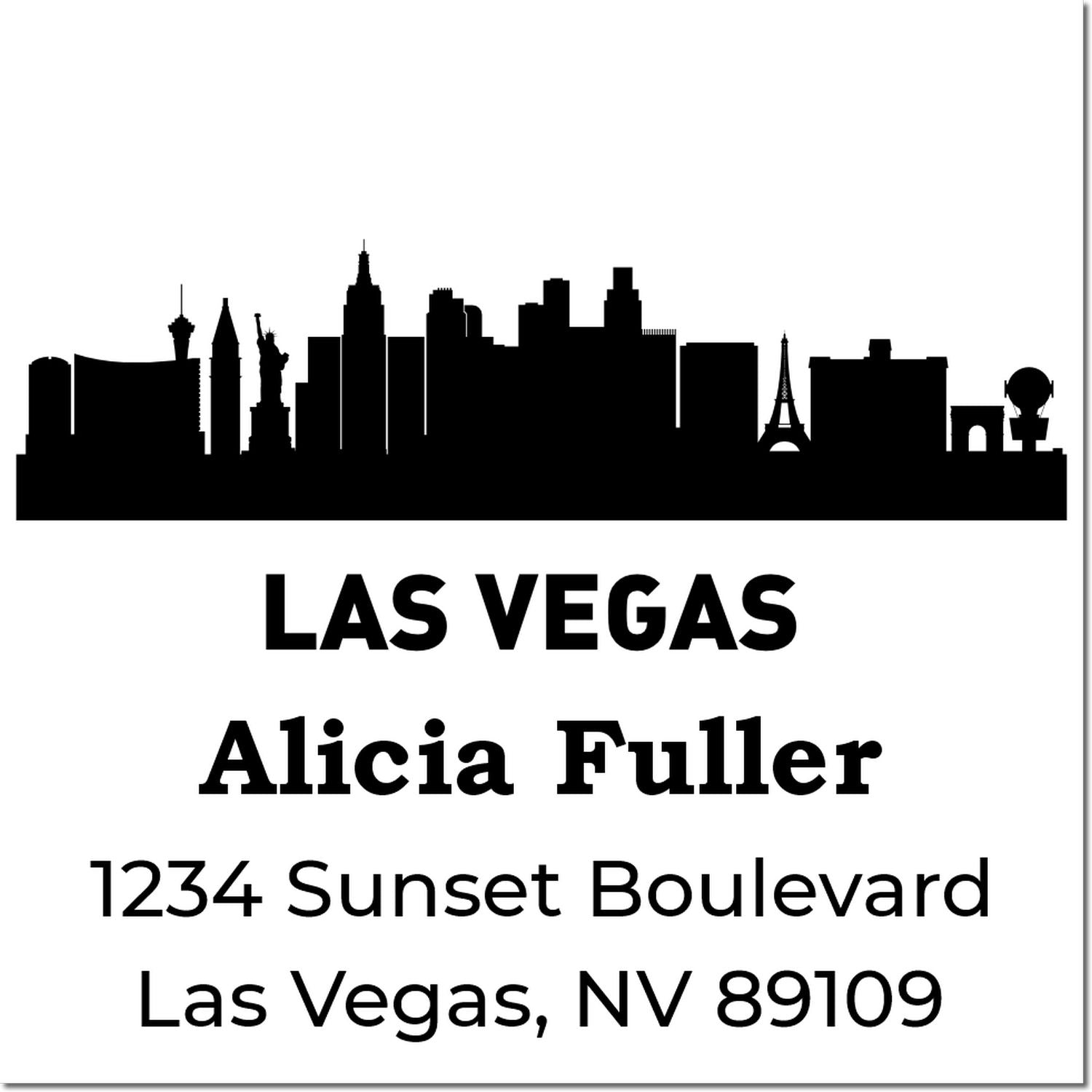 Custom Las Vegas return address rubber stamp with skyline silhouette, Alicia Fuller, 1234 Sunset Boulevard, NV 89109.