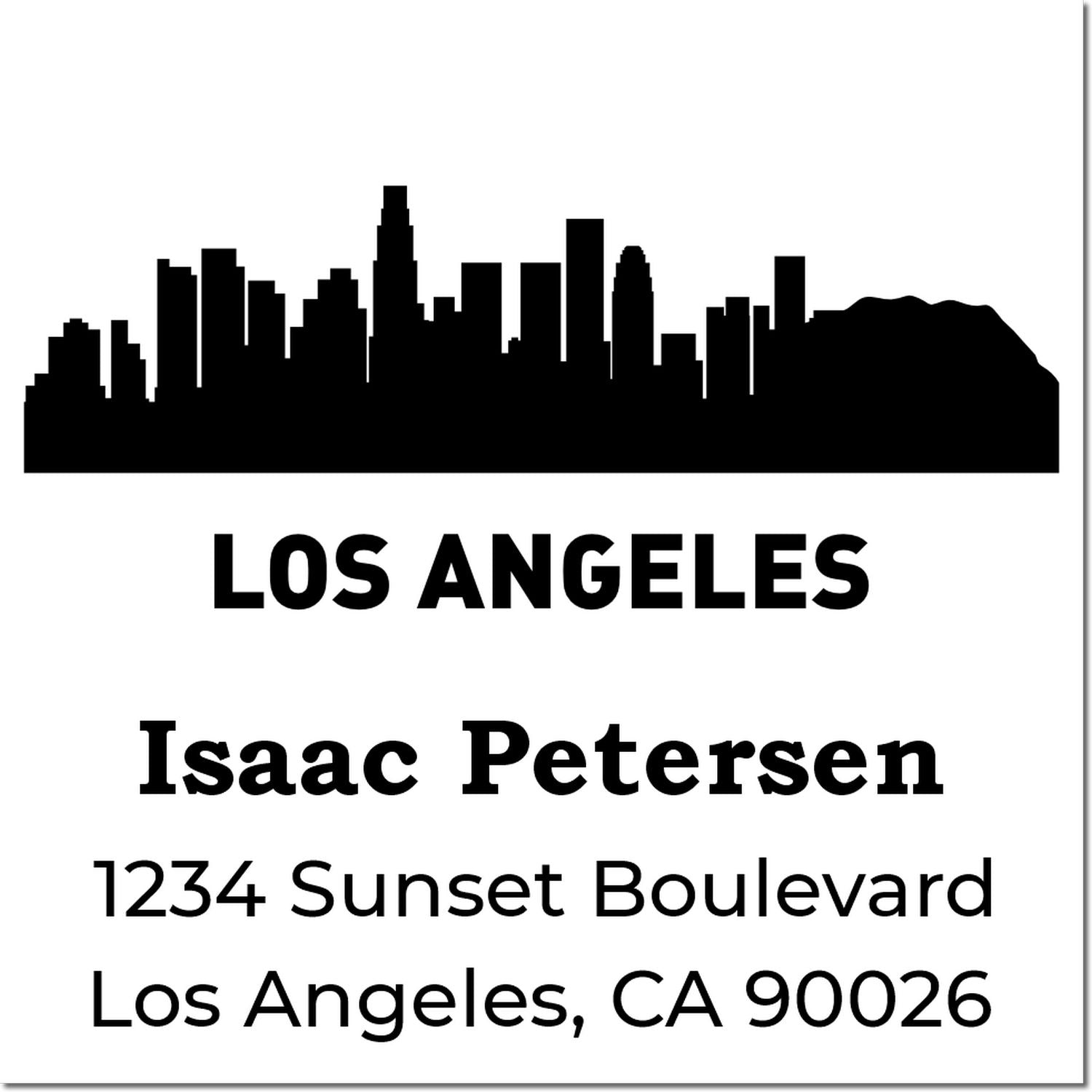 Custom Los Angeles return address rubber stamp with skyline, Isaac Petersen, 1234 Sunset Boulevard, Los Angeles, CA 90026