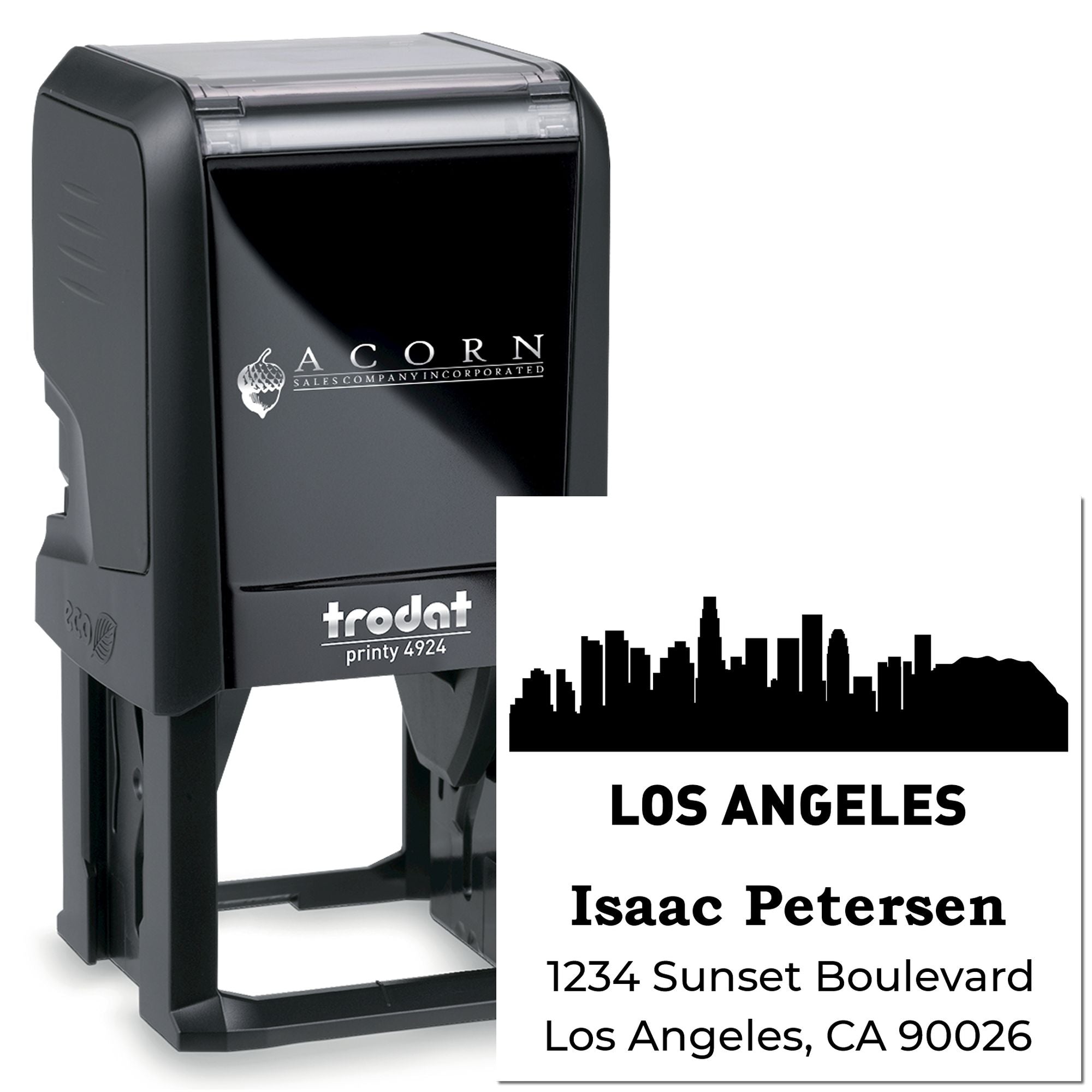 Custom self-inking rubber address stamp with Los Angeles skyline design and personalized name and address imprint.