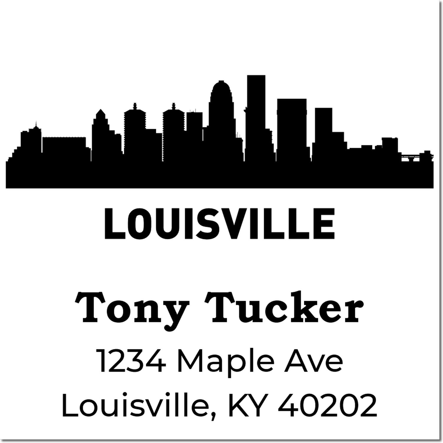 Personalized Louisville address rubber stamp with skyline, Tony Tucker, 1234 Maple Ave, Louisville, KY 40202