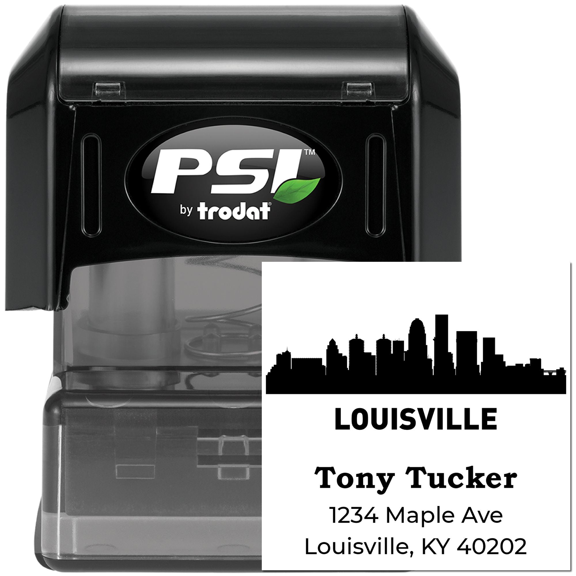 PSI by Trodat self-inking rubber stamp with Louisville skyline address imprint for custom business mailing.