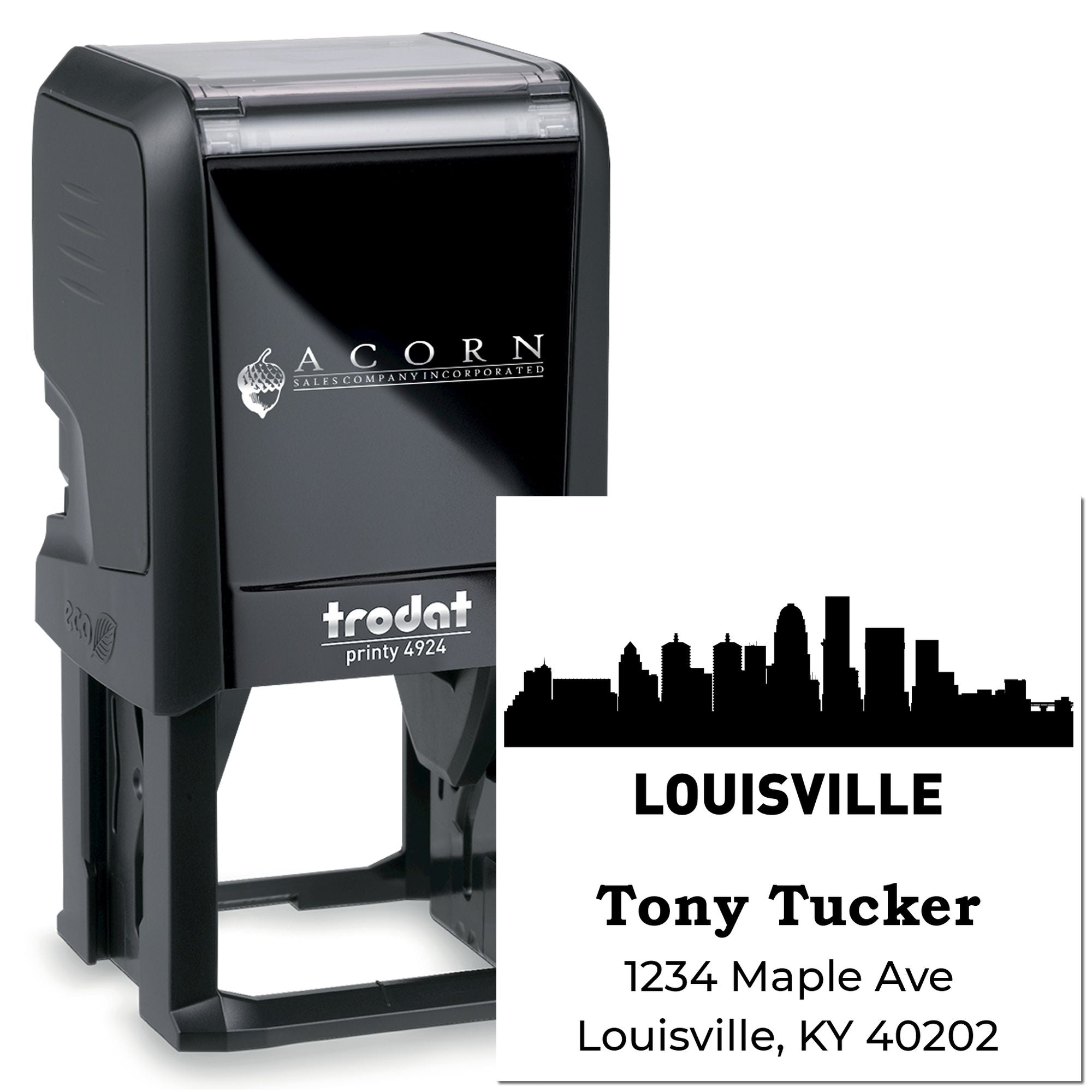 Custom self-inking rubber stamp with Louisville skyline, name, and address imprint for business mailing.