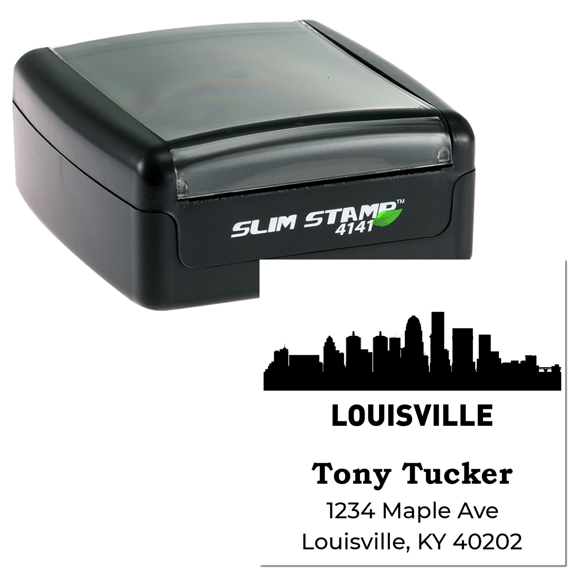 Slim Stamp 4141 self-inking rubber stamp showing a custom Louisville skyline address imprint for Tony Tucker.