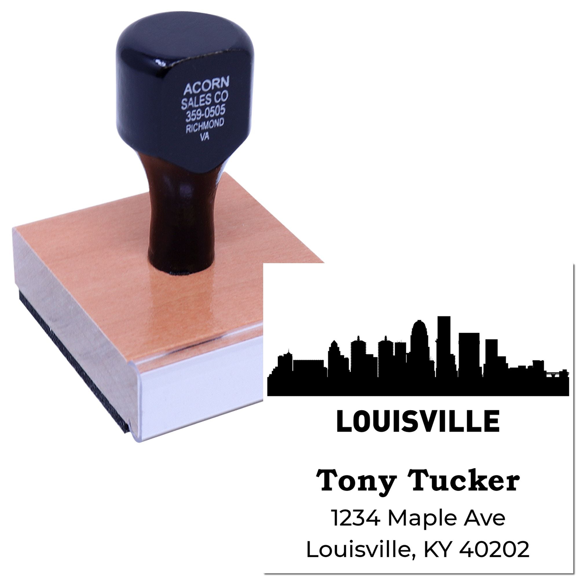 Custom Louisville address rubber stamp with skyline logo, name, and mailing address for business branding.
